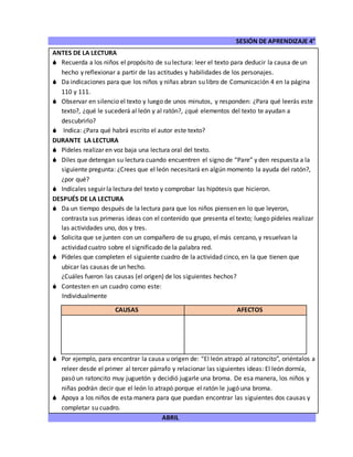 SESIÓN DE APRENDIZAJE 4°
ABRIL
ANTES DE LA LECTURA
 Recuerda a los niños el propósito de su lectura: leer el texto para deducir la causa de un
hecho y reflexionar a partir de las actitudes y habilidades de los personajes.
 Da indicaciones para que los niños y niñas abran su libro de Comunicación 4 en la página
110 y 111.
 Observar en silencio el texto y luego de unos minutos, y responden: ¿Para qué leerás este
texto?, ¿qué le sucederá al león y al ratón?, ¿qué elementos del texto te ayudan a
descubrirlo?
 Indica: ¿Para qué habrá escrito el autor este texto?
DURANTE LA LECTURA
 Pídeles realizar en voz baja una lectura oral del texto.
 Diles que detengan su lectura cuando encuentren el signo de “Pare” y den respuesta a la
siguiente pregunta: ¿Crees que el león necesitará en algún momento la ayuda del ratón?,
¿por qué?
 Indícales seguir la lectura del texto y comprobar las hipótesis que hicieron.
DESPUÉS DE LA LECTURA
 Da un tiempo después de la lectura para que los niños piensen en lo que leyeron,
contrasta sus primeras ideas con el contenido que presenta el texto; luego pídeles realizar
las actividades uno, dos y tres.
 Solicita que se junten con un compañero de su grupo, el más cercano, y resuelvan la
actividad cuatro sobre el significado de la palabra red.
 Pídeles que completen el siguiente cuadro de la actividad cinco, en la que tienen que
ubicar las causas de un hecho.
¿Cuáles fueron las causas (el origen) de los siguientes hechos?
 Contesten en un cuadro como este:
Individualmente
 Por ejemplo, para encontrar la causa u origen de: “El león atrapó al ratoncito”, oriéntalos a
releer desde el primer al tercer párrafo y relacionar las siguientes ideas: El león dormía,
pasó un ratoncito muy juguetón y decidió jugarle una broma. De esa manera, los niños y
niñas podrán decir que el león lo atrapó porque el ratón le jugó una broma.
 Apoya a los niños de esta manera para que puedan encontrar las siguientes dos causas y
completar su cuadro.
CAUSAS AFECTOS
 