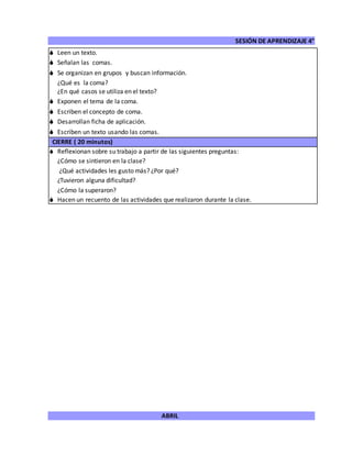 SESIÓN DE APRENDIZAJE 4°
ABRIL
 Leen un texto.
 Señalan las comas.
 Se organizan en grupos y buscan información.
¿Qué es la coma?
¿En qué casos se utiliza en el texto?
 Exponen el tema de la coma.
 Escriben el concepto de coma.
 Desarrollan ficha de aplicación.
 Escriben un texto usando las comas.
CIERRE ( 20 minutos)
 Reflexionan sobre su trabajo a partir de las siguientes preguntas:
¿Cómo se sintieron en la clase?
¿Qué actividades les gusto más? ¿Por qué?
¿Tuvieron alguna dificultad?
¿Cómo la superaron?
 Hacen un recuento de las actividades que realizaron durante la clase.
 