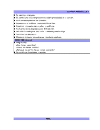 SESIÓN DE APRENDIZAJE 4°
ABRIL
 Se organizan en grupos.
 Se plantea una situación problemática sobre propiedades de la adición.
 Realizan la comprensión del problema.
 Representan el problema con material Base Diez.
 Proponen estrategias para resolver el problema.
 Realizar ejercicios de propiedades de la adición.
 Desarrollan una hoja de aplicación. El docente guía el trabajo.
 Socializan sus respuestas.
 El docente refuerza los puntos que no estuvieron claros.
CIERRE ( 20 minutos)
 Preguntamos:
¿Qué hemos aprendido?
¿Cómo nos hemos sentido?
¿Para qué nos servirá lo que hemos aprendido?
 Desarrollan actividades de extensión.
 