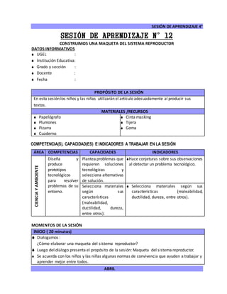 SESIÓN DE APRENDIZAJE 4°
ABRIL
SESIÓN DE APRENDIZAJE N°12
CONSTRUIMOS UNA MAQUETA DEL SISTEMA REPRODUCTOR
DATOS INFORMATIVOS
 UGEL :
 Institución Educativa:
 Grado y sección :
 Docente :
 Fecha :
COMPETENCIA(S), CAPACIDAD(ES) E INDICADORES A TRABAJAR EN LA SESIÓN
ÁREA COMPETENCIAS CAPACIDADES INDICADORES
CIENCIAYAMBOENTE
Diseña y
produce
prototipos
tecnológicos
para resolver
problemas de su
entorno.
Plantea problemas que
requieren soluciones
tecnológicas y
selecciona alternativas
de solución.
Hace conjeturas sobre sus observaciones
al detectar un problema tecnológico.
Selecciona materiales
según sus
características
(maleabilidad,
ductilidad, dureza,
entre otros).
 Selecciona materiales según sus
características (maleabilidad,
ductilidad, dureza, entre otros).
MOMENTOS DE LA SESIÓN
INICIO ( 20 minutos)
 Dialogamos :
¿Cómo elaborar una maqueta del sistema reproductor?
 Luego del diálogo presenta el propósito de la sesión: Maqueta del sistema reproductor.
 Se acuerda con los niños y las niñas algunas normas de convivencia que ayuden a trabajar y
aprender mejor entre todos.
PROPÓSITO DE LA SESIÓN
En esta sesión los niños y las niñas utilizarán el artículo adecuadamente al producir sus
textos.
MATERIALES /RECURSOS
 Papelógrafo
 Plumones
 Pizarra
 Cuaderno
 Cinta masking
 Tijera
 Goma
 