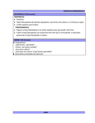SESIÓN DE APRENDIZAJE 4°
ABRIL
DESARROLLO ( 50 minutos)
MATERIALES
 Plastilina
 Hojas fotocopiadas del aparato reproductor masculino 1 de colores y 1 en blanco y negro.
 Cartón zapatero para la base
PROCEDIMIENTO
 Peguen la hoja fotocopiada en el cartón zapatero para que quede más firme
 Cubrir la hoja fotocopiada con la plastilina del color que le corresponde a cada parte,
guíense de la hoja fotocopiada a colores.
CIERRE ( 20 minutos)
 Preguntamos:
¿Qué hemos aprendido?
¿Cómo nos hemos sentido?
¿Fue fácil o difícil?
¿Para qué nos servirá lo que hemos aprendido?
 Desarrollan actividades de extensión.
 