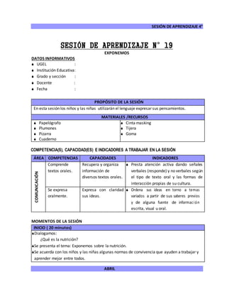 SESIÓN DE APRENDIZAJE 4°
ABRIL
SESIÓN DE APRENDIZAJE N°19
EXPONEMOS
DATOS INFORMATIVOS
 UGEL :
 Institución Educativa:
 Grado y sección :
 Docente :
 Fecha :
COMPETENCIA(S), CAPACIDAD(ES) E INDICADORES A TRABAJAR EN LA SESIÓN
ÁREA COMPETENCIAS CAPACIDADES INDICADORES
COMUNICACIÓN
Comprende
textos orales.
Recupera y organiza
información de
diversos textos orales.
 Presta atención activa dando señales
verbales (responde) y no verbales según
el tipo de texto oral y las formas de
interacción propias de su cultura.
Se expresa
oralmente.
Expresa con claridad
sus ideas.
 Ordena sus ideas en torno a temas
variados a partir de sus saberes previos
y de alguna fuente de información
escrita, visual u oral.
MOMENTOS DE LA SESIÓN
INICIO ( 20 minutos)
Dialogamos:
¿Qué es la nutrición?
Se presenta el tema: Exponemos sobre la nutrición.
Se acuerda con los niños y las niñas algunas normas de convivencia que ayuden a trabajar y
aprender mejor entre todos.
PROPÓSITO DE LA SESIÓN
En esta sesión los niños y las niñas utilizarán el lenguaje expresar sus pensamientos.
MATERIALES /RECURSOS
 Papelógrafo
 Plumones
 Pizarra
 Cuaderno
 Cinta masking
 Tijera
 Goma
 