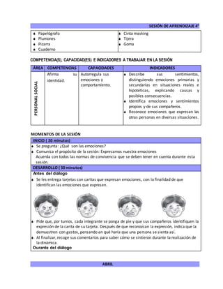 SESIÓN DE APRENDIZAJE 4°
ABRIL
COMPETENCIA(S), CAPACIDAD(ES) E INDICADORES A TRABAJAR EN LA SESIÓN
ÁREA COMPETENCIAS CAPACIDADES INDICADORES
PERSONALSOCIAL
Afirma su
identidad.
Autorregula sus
emociones y
comportamiento.
 Describe sus sentimientos,
distinguiendo emociones primarias y
secundarias en situaciones reales e
hipotéticas, explicando causas y
posibles consecuencias.
 Identifica emociones y sentimientos
propios y de sus compañeros.
 Reconoce emociones que expresan las
otras personas en diversas situaciones.
MOMENTOS DE LA SESIÓN
INICIO ( 20 minutos)
 Se pregunta: ¿Qué son las emociones?
 Comunica el propósito de la sesión: Expresamos nuestra emociones
Acuerda con todos las normas de convivencia que se deben tener en cuenta durante esta
sesión.
DESARROLLO ( 50 minutos)
Antes del diálogo
 Se les entrega tarjetas con caritas que expresan emociones, con la finalidad de que
identifican las emociones que expresen.
 Pide que, por turnos, cada integrante se ponga de pie y que sus compañeros identifiquen la
expresión de la carita de su tarjeta. Después de que reconozcan la expresión, indica que la
demuestren con gestos, pensando en qué haría que una persona se sienta así.
 Al finalizar, recoge sus comentarios para saber cómo se sintieron durante la realización de
la dinámica.
Durante del diálogo
 Papelógrafo
 Plumones
 Pizarra
 Cuaderno
 Cinta masking
 Tijera
 Goma
 
