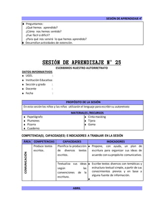 SESIÓN DE APRENDIZAJE 4°
ABRIL
 Preguntamos:
¿Qué hemos aprendido?
¿Cómo nos hemos sentido?
¿Fue fácil o difícil?
¿Para qué nos servirá lo que hemos aprendido?
 Desarrollan actividades de extensión.
SESIÓN DE APRENDIZAJE N°25
ESCRIBIMOS NUESTRO AUTORRETRATO
DATOS INFORMATIVOS
 UGEL :
 Institución Educativa:
 Sección y grado :
 Docente :
 Fecha :
COMPETENCIA(S), CAPACIDAD(ES) E INDICADORES A TRABAJAR EN LA SESIÓN
ÁREA COMPETENCIAS CAPACIDADES INDICADORES
COMUNICACIÓN
Produce textos
escritos.
Planifica la producción
de diversos textos
escritos.
 Propone, con ayuda, un plan de
escritura para organizar sus ideas de
acuerdo con su propósito comunicativo.
Textualiza sus ideas
según las
convenciones de la
escritura.
 Escribe textos diversos con temáticas y
estructura textual simple, apartir de sus
conocimientos previos y en base a
alguna fuente de información.

PROPÓSITO DE LA SESIÓN
En esta sesión los niños y las niñas utilizarán el lenguaje para escribir su autoretrato
MATERIALES /RECURSOS
 Papelógrafo
 Plumones
 Pizarra
 Cuaderno
 Cinta masking
 Tijera
 Goma
 