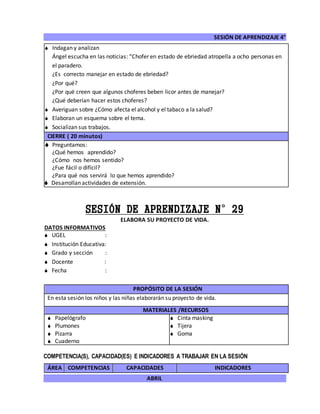 SESIÓN DE APRENDIZAJE 4°
ABRIL
 Indagan y analizan
Ángel escucha en las noticias: “Chofer en estado de ebriedad atropella a ocho personas en
el paradero.
¿Es correcto manejar en estado de ebriedad?
¿Por qué?
¿Por qué creen que algunos choferes beben licor antes de manejar?
¿Qué deberían hacer estos choferes?
 Averiguan sobre ¿Cómo afecta el alcohol y el tabaco a la salud?
 Elaboran un esquema sobre el tema.
 Socializan sus trabajos.
CIERRE ( 20 minutos)
 Preguntamos:
¿Qué hemos aprendido?
¿Cómo nos hemos sentido?
¿Fue fácil o difícil?
¿Para qué nos servirá lo que hemos aprendido?
 Desarrollan actividades de extensión.
SESIÓN DE APRENDIZAJE N°29
ELABORA SU PROYECTO DE VIDA.
DATOS INFORMATIVOS
 UGEL :
 Institución Educativa:
 Grado y sección :
 Docente :
 Fecha :
COMPETENCIA(S), CAPACIDAD(ES) E INDICADORES A TRABAJAR EN LA SESIÓN
ÁREA COMPETENCIAS CAPACIDADES INDICADORES
PROPÓSITO DE LA SESIÓN
En esta sesión los niños y las niñas elaborarán su proyecto de vida.
MATERIALES /RECURSOS
 Papelógrafo
 Plumones
 Pizarra
 Cuaderno
 Cinta masking
 Tijera
 Goma
 
