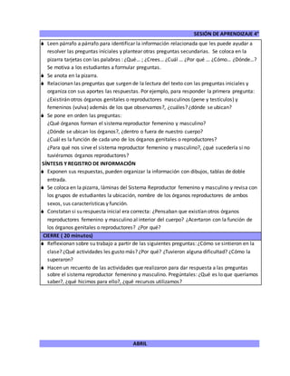 SESIÓN DE APRENDIZAJE 4°
ABRIL
 Leen párrafo a párrafo para identificar la información relacionada que les puede ayudar a
resolver las preguntas iníciales y plantear otras preguntas secundarias. Se coloca en la
pizarra tarjetas con las palabras : ¿Qué… ; ¿Crees… ¿Cuál … ¿Por qué … ¿Cómo… ¿Dónde…?
Se motiva a los estudiantes a formular preguntas.
 Se anota en la pizarra.
 Relacionan las preguntas que surgen de la lectura del texto con las preguntas iniciales y
organiza con sus aportes las respuestas. Por ejemplo, para responder la primera pregunta:
¿Existirán otros órganos genitales o reproductores masculinos (pene y testículos) y
femeninos (vulva) además de los que observamos?, ¿cuáles? ¿dónde se ubican?
 Se pone en orden las preguntas:
¿Qué órganos forman el sistema reproductor femenino y masculino?
¿Dónde se ubican los órganos?, ¿dentro o fuera de nuestro cuerpo?
¿Cuál es la función de cada uno de los órganos genitales o reproductores?
¿Para qué nos sirve el sistema reproductor femenino y masculino?, ¿qué sucedería si no
tuviéramos órganos reproductores?
SÍNTESIS Y REGISTRO DE INFORMACIÓN
 Exponen sus respuestas, pueden organizar la información con dibujos, tablas de doble
entrada.
 Se coloca en la pizarra, láminas del Sistema Reproductor femenino y masculino y revisa con
los grupos de estudiantes la ubicación, nombre de los órganos reproductores de ambos
sexos, sus características y función.
 Constatan si su respuesta inicial era correcta: ¿Pensaban que existían otros órganos
reproductores femenino y masculino al interior del cuerpo? ¿Acertaron con la función de
los órganos genitales o reproductores? ¿Por qué?
CIERRE ( 20 minutos)
 Reflexionan sobre su trabajo a partir de las siguientes preguntas: ¿Cómo se sintieron en la
clase? ¿Qué actividades les gusto más? ¿Por qué? ¿Tuvieron alguna dificultad? ¿Cómo la
superaron?
 Hacen un recuento de las actividades que realizaron para dar respuesta a las preguntas
sobre el sistema reproductor femenino y masculino. Pregúntales: ¿Qué es lo que queríamos
saber?, ¿qué hicimos para ello?, ¿qué recursos utilizamos?
 
