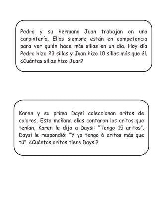 Pedro y su hermano Juan trabajan en una 
carpintería. Ellos siempre están en competencia 
para ver quién hace más sillas en un día. Hoy día 
Pedro hizo 23 sillas y Juan hizo 10 sillas más que él. 
¿Cuántas sillas hizo Juan? 
Karen y su prima Daysi coleccionan aritos de 
colores. Esta mañana ellas contaron los aritos que 
tenían, Karen le dijo a Daysi: “Tengo 15 aritos”. 
Daysi le respondió: “Y yo tengo 6 aritos más que 
tú”. ¿Cuántos aritos tiene Daysi? 
 