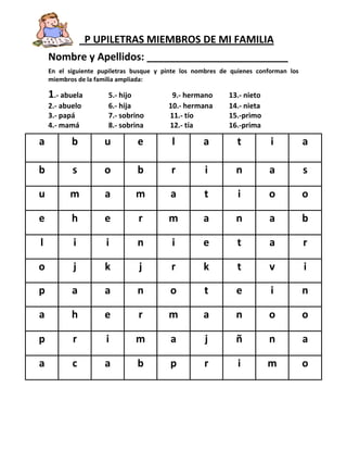 P UPILETRAS MIEMBROS DE MI FAMILIA
Nombre y Apellidos: _________________________
En el siguiente pupiletras busque y pinte los nombres de quienes conforman los
miembros de la familia ampliada:

1.- abuela
2.- abuelo
3.- papá
4.- mamá

5.- hijo
6.- hija
7.- sobrino
8.- sobrina

9.- hermano
10.- hermana
11.- tío
12.- tía

13.- nieto
14.- nieta
15.-primo
16.-prima

a

b

u

e

l

a

t

i

a

b

s

o

b

r

i

n

a

s

u

m

a

m

a

t

i

o

o

e

h

e

r

m

a

n

a

b

l

i

i

n

i

e

t

a

r

o

j

k

j

r

k

t

v

i

p

a

a

n

o

t

e

i

n

a

h

e

r

m

a

n

o

o

p

r

i

m

a

j

ñ

n

a

a

c

a

b

p

r

i

m

o

 