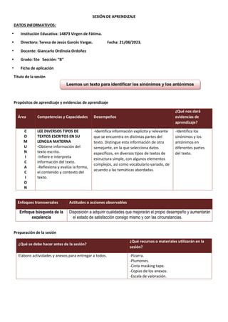 SESIÓN DE APRENDIZAJE
DATOS INFORMATIVOS:
 Institución Educativa: 14873 Virgen de Fátima.
 Directora: Teresa de Jesús Garcés Vargas. Fecha: 21/08/2023.
 Docente: Giancarlo Ordinola Ordoñez
 Grado: 5to Sección: “B”
 Ficha de aplicación
Título de la sesión
Propósitos de aprendizaje y evidencias de aprendizaje
Área Competencias y Capacidades Desempeños
¿Qué nos dará
evidencias de
aprendizaje?
C
O
M
U
N
I
C
A
C
I
O
N
LEE DIVERSOS TIPOS DE
TEXTOS ESCRITOS EN SU
LENGUA MATERNA
-Obtiene información del
texto escrito.
-Infiere e interpreta
información del texto.
-Reflexiona y evalúa la forma,
el contenido y contexto del
texto.
-Identifica información explícita y relevante
que se encuentra en distintas partes del
texto. Distingue esta información de otra
semejante, en la que selecciona datos
específicos, en diversos tipos de textos de
estructura simple, con algunos elementos
complejos, así como vocabulario variado, de
acuerdo a las temáticas abordadas.
-Identifica los
sinónimos y los
antónimos en
diferentes partes
del texto.
Enfoques transversales Actitudes o acciones observables
Enfoque búsqueda de la
excelencia
Disposición a adquirir cualidades que mejorarán el propio desempeño y aumentarán
el estado de satisfacción consigo mismo y con las circunstancias.
Preparación de la sesión
¿Qué se debe hacer antes de la sesión?
¿Qué recursos o materiales utilizarán en la
sesión?
Elaboro actividades y anexos para entregar a todos. -Pizarra.
-Plumones.
-Cinta masking tape.
-Copias de los anexos.
-Escala de valoración.
Leemos un texto para identificar los sinónimos y los antónimos
”
 