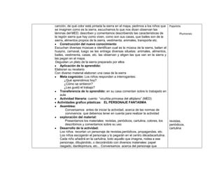 canción, de qué color está pintada la sierra en el mapa, pedimos a los niños que
se imaginen como es la sierra, escuchamos lo que nos dicen observan las
láminas del MED, describen y comentamos describiendo las características de
la región sierra que hay como viven, como son sus casas, que bailes son de la
sierra, alimentos propios de la sierra, vestimenta, animales, transporte etc.
Construcción del nuevo conocimiento
Escuchan diversas músicas e identifican cual es la música de la sierra, bailan el
huayno, carnaval, luego se les entrega diversas siluetas: animales, alimentos,
bailes, vestimenta, casas, etc. las observan y eligen las que van en la sierra y
las pegan en el mapa.
Degustan un plato de la sierra preparado por ellos
Aplicación de lo aprendido:
Elaboran su recetario
Con diverso material elaboran una casa de la sierra
Meta cognición: Los niños responden a interrogantes:
¿Qué aprendimos hoy?
¿Cómo se sintieron?
¿Les gustó el trabajo?
Transferencia de lo aprendido: en su casa comentan sobre lo trabajado en
aula
Actividad literaria: cuento “vicuñita princesa del altiplano” (MED)
Actividades grafico plásticas: EL PERSONAJE FANTASMA
Asamblea:
Conversamos antes de iniciar la actividad, acerca de las normas de
convivencia que debemos tener en cuenta para realizar la actividad
exploración del material:
Presentamos los materiales: revistas, periódicos, cartulina, colores, los
describimos y comentamos sobre su uso
Desarrollo de la actividad:
Los niños recortan un personaje de revistas,periódicos, propagandas, etc.
Los niños escogerán el personaje y lo pegarán en el centro décadacartulina.
Cada niño añadirá en la cartulina, todo aquello que imagine, rodea a ese
personaje, dibujándolo, o decorándolo con diversos materiales: papel
rasgado, dactilopintura, etc... Conversamos acerca del personaje que
Papelote
Plumones
revistas,
periódicos,
cartulina
 