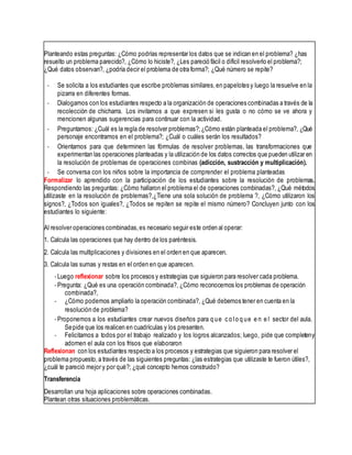 Planteando estas preguntas: ¿Cómo podrías representar los datos que se indican en el problema? ¿has
resuelto un problema parecido?, ¿Cómo lo hiciste?, ¿Les pareció fácil o difícil resolverlo el problema?;
¿Qué datos observan?, ¿podría decir el problema de otra forma?; ¿Qué número se repite?
- Se solicita a los estudiantes que escribe problemas similares,en papelotes y luego la resuelve en la
pizarra en diferentes formas.
- Dialogamos con los estudiantes respecto a la organización de operaciones combinadas a través de la
recolección de chicharra. Los invitamos a que expresen si les gusta o no cómo se ve ahora y
mencionen algunas sugerencias para continuar con la actividad.
- Preguntamos: ¿Cuál es la regla de resolver problemas?;¿Cómo están planteada el problema?, ¿Qué
personaje encontramos en el problema?; ¿Cuál o cuáles serán los resultados?
- Orientamos para que determinen las fórmulas de resolver problemas, las transformaciones que
experimentan las operaciones planteadas y la utilización de los datos correctos que pueden utilizar en
la resolución de problemas de operaciones combinas (adicción, sustracción y multiplicación).
- Se conversa con los niños sobre la importancia de comprender el problema planteadas
Formalizar lo aprendido con la participación de los estudiantes sobre la resolución de problemas.
Respondiendo las preguntas: ¿Cómo hallaron el problema el de operaciones combinadas?, ¿Qué métodos
utilizaste en la resolución de problemas?,¿Tiene una sola solución de problema ?, ¿Cómo utilizaron los
signos?, ¿Todos son iguales?, ¿Todos se repiten se repite el mismo número? Concluyen junto con los
estudiantes lo siguiente:
Al resolver operaciones combinadas,es necesario seguir este orden al operar:
1. Calcula las operaciones que hay dentro de los paréntesis.
2. Calcula las multiplicaciones y divisiones en el orden en que aparecen.
3. Calcula las sumas y restas en el orden en que aparecen.
-Luego reflexionar sobre los procesos y estrategias que siguieron para resolver cada problema.
-Pregunta: ¿Qué es una operación combinada?, ¿Cómo reconocemos los problemas de operación
combinada?,
- ¿Cómo podemos ampliarlo la operación combinada?, ¿Qué debemos tener en cuenta en la
resolución de problema?
-Proponemos a los estudiantes crear nuevos diseños para q ue c o lo q ue e n e l sector del aula.
Sepide que los realicen en cuadrículas y los presenten.
- Felicitamos a todos por el trabajo realizado y los logros alcanzados; luego, pide que completeny
adornen el aula con los frisos que elaboraron
Reflexionan con los estudiantes respecto a los procesos y estrategias que siguieron para resolver el
problema propuesto,a través de las siguientes preguntas: ¿las estrategias que utilizaste te fueron útiles?,
¿cuál te pareció mejor y por qué?; ¿qué concepto hemos construido?
Transferencia
Desarrollan una hoja aplicaciones sobre operaciones combinadas.
Plantean otras situaciones problemáticas.
 