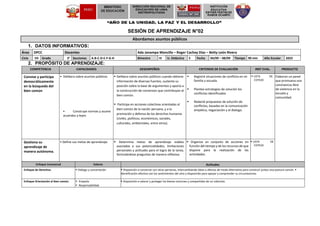 SESIÓN DE APRENDIZAJE N°02
Abordamos asuntos públicos
1. DATOS INFORMATIVOS:
Área DPCC Docentes Ada Janampa Mancilla – Roger Cachay Díaz – Betty León Rivera
Ciclo VII Grado 3° Secciones A-B-C-D-E-F-G-H Bimestre III U. Didáctica 5 Fecha 04/09 – 08/09 Tiempo 90 min Año Escolar 2023
2. PROPÓSITO DE APRENDIZAJE:
COMPETENCIA CAPACIDADES DESEMPEÑOS CRITERIOS DE EVALUACIÓN INST EVAL. PRODUCTO
Convive y participa
democráticamente
en la búsqueda del
bien común
 Delibera sobre asuntos públicos
 Construye normas y asume
acuerdos y leyes
 Delibera sobre asuntos públicos cuando obtiene
información de diversas fuentes, sustenta su
posición sobre la base de argumentos y aporta a
la construcción de consensos que contribuyan al
bien común.
 Participa en acciones colectivas orientadas al
bien común de la nación peruana, y a la
promoción y defensa de los derechos humanos
(civiles, políticos, económicos, sociales,
culturales, ambientales, entre otros).
 Registré situaciones de conflicto en mi
familia y escuela.
 Plantee estrategias de solución los
conflictos identificados
 Redacté propuestas de solución de
conflictos, basadas en la comunicación
empática, negociación y el dialogo.
 LISTA
COTEJO
DE Elaboran un panel
que promueva una
convivencia libre
de violencia en la
escuela y
comunidad.
Gestiona su
aprendizaje de
manera autónoma.
 Define sus metas de aprendizaje.  Determina metas de aprendizaje viables
asociadas a sus potencialidades, limitaciones
personales y actitudes para el logro de la tarea,
formulándose preguntas de manera reflexiva.
 Organiza un conjunto de acciones en
función del tiempo y de los recursos de que
dispone para la realización de las
actividades.
 LISTA DE
COTEJO
Enfoque transversal Valores Actitudes
Enfoque de Derechos.  Diálogo y concertación  Disposición a conversar con otras personas, intercambiando ideas o afectos de modo alternativo para construir juntos una postura común. 
Identificación afectiva con los sentimientos del otro y disposición para apoyar y comprender su circunstancias.
Enfoque Orientación al bien común.  Empatía
 Responsabilidad.
 Disposición a valorar y proteger los bienes comunes y compartidos de un colectivo.
 