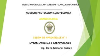 INSTITUTO DE EDUCACION SUPERIOR TECNOLOGICO CHIRINOS
INTRODUCCIÓN A LA AGROECOLOGIA
SESIÓN DE APRENDIZAJE N°1
AGROECOLOGIA
Ing. Elena Gamonal Suárez
MODULO: PROTECCIÓN AGROPECUARIA
 