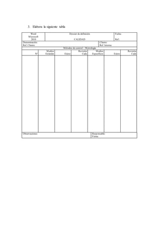 3. Elabora la siguiente tabla
Word
Microsoft
2010
Dossier de definición
CALIDAD
Fecha:
Ref.:
Denominación:
Ref. Cliente:
Cliente:
Ref. Interna:
Métodos de control – Metrología
Nº
Medios
Estándar Existe
Revisión
Cada
Medios
Específicos Existe
Revisión
Cada
Observaciones: Responsable:
Firma:
 