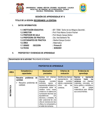 UNIVERSIDAD “ANDINA NÉSTOR CÁCERES VELÁSQUEZ “JULIACA
FACULTAD DE CIENCIAS DE LA EDUCACIÓN JULIACA
ESCUELA PROFESIONAL EDUCACIÓN
SESIÓN DE APRENDIZAJE N° 6
TITULO DE LA SESION: RECORDAMOS LA CENTENA.
I. DATOS INFORMATIVOS
1.1. INSTITUCIÓN EDUCATIVA : IEP. 70560 ¨Señor de los Milagros Zarumilla¨.
1.2. DIRECTOR : Prof. Frida Marina Condori Pachari
1.3. PROFESOR DE AULA : Prof. Braulio Quispe Núñez
1.4. PROFESORA DE PRACTICA : Dra. Arelí Beltramé Tito
1.5. ESTUDIANTES DE PRACTICA : Maribel Quispe Condori
1.6. ÁREA : Matematica
1.7. GRADO /SECCIÓN : Primero B
1.8. FECHA : 30/06/2021
II. PROPOSITOS Y EVIDENCIAS DE APRENDIZAJE
Denominación de la actividad: Recordando la Centena.
PROPÓSITOS DE APRENDIZAJE
ÁREA
Competencia y
capacidades
Desempeños
precisados
Criterios de
evaluación
Evidencias de
aprendizaje
MATEMATICA
ciencia
y
tecnología
Resuelve problemas de
cantidad.
 Resuelve problemas de
cantidad.
Expresa con diversas
representaciones y
lenguaje numérico
(números, signos y
expresiones verbales) su
comprensión sobre la
centena como nueva
unidad en el sistema de
numeración decimal, sus
equivalencias con
decenas y unidades, el
valor posicional de una
cifra en números de tres
cifras y la comparacióny
el orden de números.
Identificalas diversas
representación de
leguaje numérico
signos y expresiones
como son las
centenas.
Expresa y representa
números hasta las
centenas con diversos
materiales concretos, en
forma gráfica y simbólica a
través de juegos
matemáticos para reforzar
sus conocimientos.
 