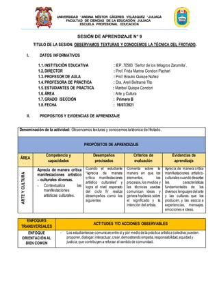 UNIVERSIDAD “ANDINA NÉSTOR CÁCERES VELÁSQUEZ “JULIACA
FACULTAD DE CIENCIAS DE LA EDUCACIÓN JULIACA
ESCUELA PROFESIONAL EDUCACIÓN
SESIÓN DE APRENDIZAJE N° 9
TITULO DE LA SESION: OBSERVAMOS TEXTURAS Y CONOCEMOS LA TÉCNICA DEL FROTADO.
I. DATOS INFORMATIVOS
1.1. INSTITUCIÓN EDUCATIVA : IEP. 70560 ¨Señor de los Milagros Zarumilla¨.
1.2. DIRECTOR : Prof. Frida Marina Condori Pachari
1.3. PROFESOR DE AULA : Prof. Braulio Quispe Núñez
1.4. PROFESORA DE PRACTICA : Dra. Arelí Beltramé Tito
1.5. ESTUDIANTES DE PRACTICA : Maribel Quispe Condori
1.6. ÁREA : Arte y Cultura
1.7. GRADO /SECCIÓN : Primero B
1.8. FECHA : 16/07/2021
II. PROPOSITOS Y EVIDENCIAS DE APRENDIZAJE
Denominación de la actividad: Observamos texturas y conocemos la técnica del frotado.
PROPÓSITOS DE APRENDIZAJE
ÁREA
Competencia y
capacidades
Desempeños
precisados
Criterios de
evaluación
Evidencias de
aprendizaje
ARTE
Y
CULTURA
ciencia
y
tecnología
Aprecia de manera crítica
manifestaciones artístico
– culturales diversas.
- Contextualiza las
manifestaciones
artísticas culturales.
Cuando el estudiante
“Aprecia de manera
crítica manifestaciones
artístico culturales” y
logra el nivel esperado
del ciclo IV realiza
desempeños como los
siguientes
Comenta sobre la
manera en que los
elementos, los
procesos, los medios y
las técnicas usadas
comunican ideas y
genera hipótesis sobre
el significado y la
intención del artista.
Aprecia de manera crítica
manifestaciones artístico-
culturalescuandodescribe
las características
fundamentales de los
diversos lenguajesdelarte
y las culturas que los
producen, y las asocia a
experiencias, mensajes,
emociones e ideas.
ENFOQUES
TRANSVERSALES
ACTITUDES Y/O ACCIONES OBSERVABLES
ENFOQUE
ORIENTACIÓN AL
BIEN COMÚN
- Los estudiantesse comunicanentresí y por mediodelapráctica artísticacolectiva;pueden
proponer,dialogar,interactuar,crear,demostrandoempatía,responsabilidad,equidady
justicia,que contribuyenareforzar el sentidode comunidad.
 