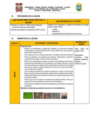 UNIVERSIDAD “ANDINA NÉSTOR CÁCERES VELÁSQUEZ “JULIACA
FACULTAD DE CIENCIAS DE LA EDUCACIÓN JULIACA
ESCUELA PROFESIONAL EDUCACIÓN
III. PREPARACION DE LA SESION
¿QUE NECESITAMOS HACER ANTES DE LA
SESION?
¿QUE MATERIALES SE UTILIZAN?
Preparar un video de “Observamos texturas y
conocemos la técnica del frotado ¨
Preparar actividades de extensión en PDF o Word
Objetos de la naturaleza y objetos encontrados que tengan
textura y ligero relieve.
- Lupas.
- Papelbond.
- Crayolas peladas(sinpapel)de oloresoscuros.
IV. MOMENTOS DE LA SESION
MOMENTOS ACTIVIDADES Y ESTRATEGIAS
MATERIALES Y
TIEMPO
INICIO
En grupo clase
- Saluda a los estudiantes y pídeles que observen su colección de objetos
recolectados, los cuales están sobre las mesas. Deben usar las lupas para
examinarlos más de cerca.
- Pidea algunosniñoso niñasquedescribancondetallealrestodela claselas
- formas, las texturas y los patrones que observan. Pregúntales lo siguiente:
¿qué elementos (líneas, colores, formas) se repiten?
- Solicita a los estudiantes que elijan un objeto y demuéstrales cómo llevar a
cabo la técnica del frotado con el costado de una crayola. Para esto, coloca
una hoja bulky sobre el objeto y frota suavemente la crayola encima de este
para que se copie su imagen. Pregunta a continuación: ¿qué ha sucedido?,
¿cómo apareció la imagen?
- Comunícales el propósito de la sesión: aprenderán a utilizar la técnica del
frotado usandocrayolas de diferentescoloressobrelos objetos recolectados.
Despuésdelfrotado, podránutilizar las texturas que hayan surgidoparacrear
sus propios diseños.
- Propón que usen los objetos encontrados para realizar frotados. Diles que
pueden buscar otros objetos con textura en los alrededores.
- Exhibealgunasimágenesampliadasdeobjetosparaqueapreciensustexturas
y patrones.
Ejemplos de texturas que pueden encontrar en los alrededores.
Clase virtual por
google meet.
Paleógrafos,
plumones, cinta,
carteles, cuadernos.
Crayolas
Colores oscuros
 