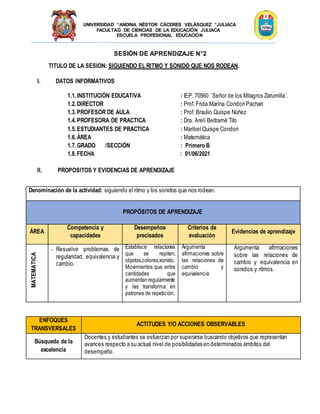 UNIVERSIDAD “ANDINA NÉSTOR CÁCERES VELÁSQUEZ “JULIACA
FACULTAD DE CIENCIAS DE LA EDUCACIÓN JULIACA
ESCUELA PROFESIONAL EDUCACIÓN
SESIÓN DE APRENDIZAJE N°2
TITULO DE LA SESION: SIGUIENDO EL RITMO Y SONIDO QUE NOS RODEAN.
I. DATOS INFORMATIVOS
1.1. INSTITUCIÓN EDUCATIVA : IEP. 70560 ¨Señor de los Milagros Zarumilla¨.
1.2. DIRECTOR : Prof. Frida Marina Condori Pachari
1.3. PROFESOR DE AULA : Prof. Braulio Quispe Núñez
1.4. PROFESORA DE PRACTICA : Dra. Arelí Beltramé Tito
1.5. ESTUDIANTES DE PRACTICA : Maribel Quispe Condori
1.6. ÁREA : Matemática
1.7. GRADO /SECCIÓN : Primero B
1.8. FECHA : 01/06/2021
II. PROPOSITOS Y EVIDENCIAS DE APRENDIZAJE
Denominación de la actividad: siguiendo el ritmo y los sonidos que nos rodean.
PROPÓSITOS DE APRENDIZAJE
ÁREA
Competencia y
capacidades
Desempeños
precisados
Criterios de
evaluación
Evidencias de aprendizaje
MATEMATICA
ciencia
y
tecnología
- Resuelve problemas de
regularidad, equivalencia y
cambio.
Establece relaciones
que se repiten,
objetos,colores,sonido,
Movimientos que entre
cantidades que
aumentanregularmente
y las transforma en
patrones de repetición.
Argumenta
afirmaciones sobre
las relaciones de
cambio y
equivalencia
Argumenta afirmaciones
sobre las relaciones de
cambio y equivalencia en
sonidos y ritmos.
ENFOQUES
TRANSVERSALES
ACTITUDES Y/O ACCIONES OBSERVABLES
Búsqueda de la
excelencia
Docentes y estudiantes se esfuerzan por superarse buscando objetivos que representan
avances respecto a su actual nivel de posibilidades en determinados ámbitos del
desempeño.
 