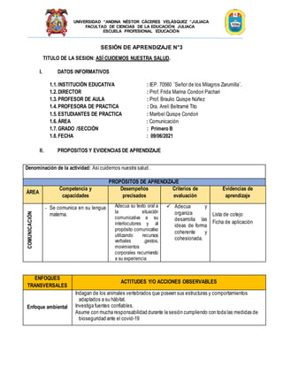 UNIVERSIDAD “ANDINA NÉSTOR CÁCERES VELÁSQUEZ “JULIACA
FACULTAD DE CIENCIAS DE LA EDUCACIÓN JULIACA
ESCUELA PROFESIONAL EDUCACIÓN
SESIÓN DE APRENDIZAJE N°3
TITULO DE LA SESION: ASÍ CUIDEMOS NUESTRA SALUD.
I. DATOS INFORMATIVOS
1.1. INSTITUCIÓN EDUCATIVA : IEP. 70560 ¨Señor de los Milagros Zarumilla¨.
1.2. DIRECTOR : Prof. Frida Marina Condori Pachari
1.3. PROFESOR DE AULA : Prof. Braulio Quispe Núñez
1.4. PROFESORA DE PRACTICA : Dra. Arelí Beltramé Tito
1.5. ESTUDIANTES DE PRACTICA : Maribel Quispe Condori
1.6. ÁREA : Comunicación
1.7. GRADO /SECCIÓN : Primero B
1.8. FECHA : 09/06/2021
II. PROPOSITOS Y EVIDENCIAS DE APRENDIZAJE
Denominación de la actividad: Asícuidemos nuestra salud.
PROPÓSITOS DE APRENDIZAJE
ÁREA
Competencia y
capacidades
Desempeños
precisados
Criterios de
evaluación
Evidencias de
aprendizaje
COMUNICACIÓN
ciencia
y
tecnología
- Se comunica en su lengua
materna.
Adecua su texto oral a
la situación
comunicativa a su
interlocutores y al
propósito comunicativo
utilizando recursos
verbales ,gestos,
movimientos
corporales recurriendo
a su experiencia
 Adecua y
organiza
desarrolla las
ideas de forma
coherente y
cohesionada.
Lista de cotejo
Ficha de aplicación
ENFOQUES
TRANSVERSALES
ACTITUDES Y/O ACCIONES OBSERVABLES
Enfoque ambiental
Indagan de los animales vertebrados que poseen sus estructuras y comportamientos
adaptados a su hábitat.
Investiga fuentes confiables.
Asume con mucha responsabilidad durante la sesión cumpliendo con toda las medidas de
bioseguridad ante el covid-19
 