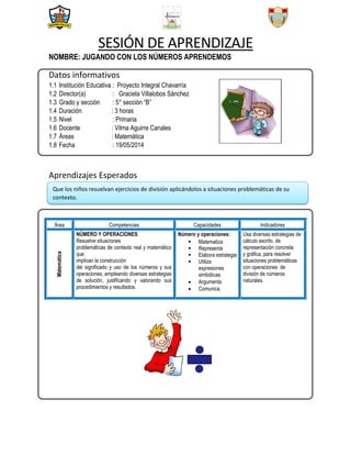 SESIÓN DE APRENDIZAJE
NOMBRE: JUGANDO CON LOS NÚMEROS APRENDEMOS
Datos informativos
1.1 Institución Educativa : Proyecto Integral Chavarría
1.2 Director(a) : Graciela Villalobos Sánchez
1.3 Grado y sección : 5° sección “B”
1.4 Duración : 3 horas
1.5 Nivel : Primaria
1.6 Docente : Vilma Aguirre Canales
1.7 Áreas : Matemática
1.8 Fecha : 19/05/2014
Aprendizajes Esperados
Área Competencias Capacidades Indicadores
Matemática
NÚMERO Y OPERACIONES
Resuelve situaciones
problemáticas de contexto real y matemático
que
implican la construcción
del significado y uso de los números y sus
operaciones, empleando diversas estrategias
de solución, justificando y valorando sus
procedimientos y resultados.
Número y operaciones:
 Matematiza
 Representa
 Elabora estrategia
 Utiliza
expresiones
simbólicas
 Argumenta
 Comunica.
Usa diversas estrategias de
cálculo escrito, de
representación concreta
y gráfica, para resolver
situaciones problemáticas
con operaciones de
división de números
naturales.
Que los niños resuelvan ejercicios de división aplicándolos a situaciones problemáticas de su
contexto.
 