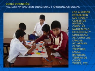 LOS ALUMNOS
ESTABLECEN
LOS TIPOS Y
CLASES DE
PINTURA,
COMO LAS
NATURALES O
ECOLÓGICAS Y
SINTÉTICAS;
ASÍ COMO LOS
LÁPICES,
ACUARELAS,
OLEOS,
TÉMPERAS,
LACAS,
BARNICES,
TIERRAS DE
COLOR,
TINTES, ETC.
DOBLE DIMENSIÓN:
FACILITA APRENDIZAJE INDIVIDUAL Y APRENDIZAJE SOCIAL
 