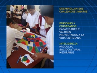 DESARROLLAN SUS
CUALIDADES INNATAS
PERSONAS Y
CIUDADANOS:
CAPACIDADES Y
VALORES
PROYECTADOS A LA
VIDA COTIDIANA
INTELIGENCIA:
PRODUCTO
SOCIOCULTURAL
MEJORABLE
 