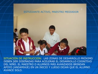 SITUACIÓN DE INSTRUCCIÓN: LAS ZONAS DE DESARROLLO PRÓXIMO
DEBEN SER DISEÑADAS PARA ACELERAR EL DESARROLLO COGNITIVO
DEL NIÑO. EL MAESTRO O ALUMNOS MÁS AVANZADOS BRINDAN
APOYO (ANDAMIAJE) EN UN INICIO Y LUEGO DEJAN QUE EL ALUMNO
AVANCE SOLO.
ESTUDIANTE ACTIVO, MAESTRO MEDIADOR
 