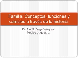Dr. Arnulfo Vega Vázquez
Médico psiquiatra.
Familia: Conceptos, funciones y
cambios a través de la historia.
 