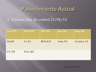  Últimos labs de control 21/04/13:
Leu: 8.78 Neut:72% Hb: 9.02 Htc: 30.1 Plaq: 543
Glu:83 Cr: 0.3 BUN:4.21 Urea: 9.0 Ac úrico: 3.4
CT: 193 TGC: 263
Fuente: expediente clínico
 