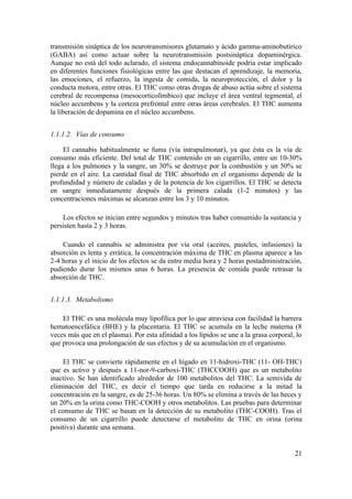 transmisión sináptica de los neurotransmisores glutamato y ácido gamma-aminobutírico
(GABA) así como actuar sobre la neurotransmisión postsináptica dopaminérgica.
Aunque no está del todo aclarado, el sistema endocannabinoide podría estar implicado
en diferentes funciones fisiológicas entre las que destacan el aprendizaje, la memoria,
las emociones, el refuerzo, la ingesta de comida, la neuroprotección, el dolor y la
conducta motora, entre otras. El THC como otras drogas de abuso actúa sobre el sistema
cerebral de recompensa (mesocorticolímbico) que incluye el área ventral tegmental, el
núcleo accumbens y la corteza prefrontal entre otras áreas cerebrales. El THC aumenta
la liberación de dopamina en el núcleo accumbens.


1.1.1.2. Vías de consumo

     El cannabis habitualmente se fuma (vía intrapulmonar), ya que ésta es la vía de
consumo más eficiente. Del total de THC contenido en un cigarrillo, entre un 10-30%
llega a los pulmones y la sangre, un 30% se destruye por la combustión y un 50% se
pierde en el aire. La cantidad final de THC absorbido en el organismo depende de la
profundidad y número de caladas y de la potencia de los cigarrillos. El THC se detecta
en sangre inmediatamente después de la primera calada (1-2 minutos) y las
concentraciones máximas se alcanzan entre los 3 y 10 minutos.

    Los efectos se inician entre segundos y minutos tras haber consumido la sustancia y
persisten hasta 2 y 3 horas.

    Cuando el cannabis se administra por vía oral (aceites, pasteles, infusiones) la
absorción es lenta y errática, la concentración máxima de THC en plasma aparece a las
2-4 horas y el inicio de los efectos se da entre media hora y 2 horas postadministración,
pudiendo durar los mismos unas 6 horas. La presencia de comida puede retrasar la
absorción de THC.


1.1.1.3. Metabolismo

    El THC es una molécula muy lipofílica por lo que atraviesa con facilidad la barrera
hematoencefálica (BHE) y la placentaria. El THC se acumula en la leche materna (8
veces más que en el plasma). Por esta afinidad a los lípidos se une a la grasa corporal, lo
que provoca una prolongación de sus efectos y de su acumulación en el organismo.

     El THC se convierte rápidamente en el hígado en 11-hidroxi-THC (11- OH-THC)
que es activo y después a 11-nor-9-carboxi-THC (THCCOOH) que es un metabolito
inactivo. Se han identificado alrededor de 100 metabolitos del THC. La semivida de
eliminación del THC, es decir el tiempo que tarda en reducirse a la mitad la
concentración en la sangre, es de 25-36 horas. Un 80% se elimina a través de las heces y
un 20% en la orina como THC-COOH y otros metabolitos. Las pruebas para determinar
el consumo de THC se basan en la detección de su metabolito (THC-COOH). Tras el
consumo de un cigarrillo puede detectarse el metabolito de THC en orina (orina
positiva) durante una semana.


                                                                                        21
 