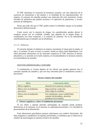 El THC disminuye la secreción de hormonas sexuales, con una reducción de la
secreción de testosterona y del número y la motilidad de los espermatozoides. En
mujeres, el consumo de cannabis produce una reducción del ciclo menstrual, niveles
elevados de prolactina que pueden asociarse a la aparición de galactorrea, y niveles
menores de andrógenos.

   Parece por todo ello que el THC podría reducir la fertilidad, aunque no ha podido
demostrarse definitivamente.

    Como ocurre con la mayoría de drogas, los cannabinoides pueden afectar la
conducta sexual con un resultado variable, que depende de la propia droga, la
combinación con otras sustancias y el contexto de consumo. No se ha demostrado
científicamente que el cannabis sea un afrodisíaco.


3.1.1.8. Embarazo

     El consumo durante el embarazo en mujeres incrementa el riesgo para la madre, el
feto y el neonato. El peso al nacer es menor, siendo un efecto dosis-dependiente. Los
niños presentan alteraciones en las funciones cognitivas El THC atraviesa la barrera
placentaria y se acumula en la leche materna, no recomendándose la lactancia materna
en consumidoras de cannabis.


    EFECTOS CRÓNICOS DEL CANNABIS

    A continuación se revisan algunos de los efectos que pueden aparecer tras el
consumo repetido de cannabis y que son muy relevantes para el rendimiento escolar y
psicomotor.

                              Efectos crónicos del cannabis




   1. Efectos cognitivos y sobre el rendimiento psicomotor
    El uso diario y durante periodos prolongados de cannabis puede producir
deficiencias en la memoria, en la atención, la capacidad psicomotora y la velocidad de
procesamiento de la información.

     Estas alteraciones psicológicas parecen relacionarse con cambios funcionales, del
flujo sanguíneo y metabólicos en regiones prefrontales y cerebelares que se observan en
estudios de neuroimagen en usuarios crónicos de cannabis.

                                                                                    25
 