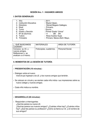 SESIÓN Nro. 1 : HAGAMOS AMIGOS<br />I. DATOS GENERALES <br />Año                                          :  2011.institución Educativa                :  Mayta Cápac.Directora                                   :  Reneé Begazo Gallegos.Nivel                                         :  Primario.Turno                                        : Diurno.Grado y Sección                       : Primer Grado “Unica”Nº de alumnos                          : 11    :     3M.    8H.Tutora                                       :  Rosa Suárez SupaTrimestre                                  :  Primero: Marzo-Abril- Mayo.<br />¿  QUÉ BUSCAMOS LOGRAR?MATERIALESAREA DE TUTORÍAConozca  su I.E. y nuevos amigos.Reflexionen y  se analicen a sí mismo.Fotocopias, cuadernos.Personal Social.<br />II. MOMENTOS DE LA SESIÓN DE TUTORÍA <br />PRESENTACIÓN (10 minutos) :Dialogan sobre el nuevonivel al que ingresan a la LE. y los nuevos amigos que tendrán.Se colocan en círculo y se sientan cada niño indica  sus impresiones sobre su nuevo colegio y nuevos amigos.Cada niño indica su nombre.DESARROLLO (20 minutos): Responden a interrogantes¿Qué les parece su nueva LE.¿Qué les parece sus nuevos amigos? ¿Cuántas niñas hay? ¿Cuántos niños hay? ¿Qué les parece su profesora? ¿Cómo se llama su I.E. y el nombre de sus amigos?1- CIERRE (15 minutos) :Se les  reparte hojas y cada niño dibuja su LE. y sus amiguitos.Finalmente se evalúa con los niños:¿Cómo se han sentido  haciendo estas actividades?¿Qué les gustó más?¿Qué les pareció conocer nuevos amigos?DESPUÉS DE LA HORA DE TUTORÍA :Se propone que en sus casas muestren sus dibujos a sus padres.Averiguar ¿Cómo se llama cada amigo .<br />Arequipa,     Marzo     del  2011 <br />____________________________           VºBº ________________________________<br />Tutora    Coordinadora de tutoría<br />VºBº ________________________________<br />Directora<br />SESIÓN Nro. 2 : CANTEMOS LA CANCIÓN AMIGO<br />I. DATOS GENERALES <br />Año                                          :  2011.institución Educativa                :  Mayta Cápac.Directora                                   :  Reneé Begazo Gallegos.Nivel                                         :  Primario.Turno                                        : Diurno.Grado y Sección                       : Primer Grado “Unica”Nº de alumnos                          : 12    :     4M.    8H.Tutora                                       :  Rosa Suárez SupaTrimestre                                  :  Primero: Marzo-Abril- Mayo.<br />¿  QUÉ BUSCAMOS LOGRAR?MATERIALESAREA DE TUTORÍAQue puedan darse cuenta de sus sentimientos y sobre todo que mejoren como personas. Que practiquen el valor de la amistad.Fotocopias, cuadernos.ColoresHojas bondLáminasPersonal Social.<br />II. MOMENTOS DE LA SESIÓN DE TUTORÍA <br />PRESENTACIÓN (10 minutos) :Entonan  la canción«Amigos»Como están amigoscomo están muy bien.Este es un saludo de amistad. Que bienDESARROLLO (20 minutos):Debo recordar que siempre debo mantenerme limpio(a).Presentarme adecuadamente en toda ocasión.Tener Integridad personal.2958465-463550Debo tener mucho cuidado cuando juego en los parques. No debo alejarme de mis amigos, debemos permanecer en grupo.No debo pegar a mis compañeros al contrario respetarlos.Si de casualidad lo golpeo o nos golpeamos pedir disculpas.Si pido prestado algo  decir por favor y gracias al devolver.1615440272415 - CIERRE (15 minutos) :Escriben en sus cuadernos sobre la amistad.     Recortan       las        letras AMISTAD.     Escriben: Jesús es mi amigo.DESPUÉS DE LA HORA DE TUTORÍA :Se propone que en sus casas muestren sus trabajos a sus padres.Averiguar ¿Quién es Jesús?Compromiso: Practicar la amistad con sus compañeros  de colegio y de barrio.<br />Arequipa,     Marzo     del  2011 <br />____________________________                       ________________________________<br />Tutora    Coordinadora de tutoría<br />   ________________________________<br />Directora<br />SESIÓN Nro. 3 : EL GATO MUSTAFÁ LLEGA TEMPRANO<br />I. DATOS GENERALES <br />Año                                          :  2011.institución Educativa                :  Mayta Cápac.Directora                                   :  Reneé Begazo Gallegos.Nivel                                         :  Primario.Turno                                        : Diurno.Grado y Sección                       : Primer Grado “Unica”Nº de alumnos                          : 12    :     4M.    8H.Tutora                                       :  Rosa Suárez SupaTrimestre                                  :  Primero: Marzo-Abril- Mayo.<br />¿  QUÉ BUSCAMOS LOGRAR?MATERIALESAREA DE TUTORÍA.Que practiquen valores en sus acciones diarias como la puntualidad.Fotocopias, cuadernos,Lámina, periódicos, hojas bond, tijeras, gomas.Personal Social.<br />II. MOMENTOS DE LA SESIÓN DE TUTORÍA <br />PRESENTACIÓN (10 minutos) :Leen la poesía “El Gato Mustafá” con ayuda de la profesora.En la ciudad de los gatosvive el gato Mustafá.Muy temprano  se levanta,pues le gusta ser puntual.Se baña en la regadera, se peina,Ayuda a mamá y toma desayuno:Jugo, huevos, leche y pan.Revisa bien su maleta,Nada le debe faltar,Y cuando llega a la escuela,Saluda a todos: “¡Mia,miau!”Escenifican la poesía.DESARROLLO (20 minutos):Interrogan la poesía..¿Qué   le   gusta   al   Gato Mustafá?¿Qué hace cuando ve a las personas?¿Con qué se baña? ¿Qué hace cuando llega a la escuela?Copian la  poesía Gato Mustafá en sus cuadernos.Dibujan  cada escena del gato. - CIERRE (15 minutos) :Recortan del Periódico SEAMOS PUNTUALES.Pegan en una hoja bond y colocan su hoja en el periódico mural.Cada uno sale a relatar lo que hace el gato Mustafá.DESPUÉS DE LA HORA DE TUTORÍA :Se propone que en sus casas aprendan de memoria la poesía y la recite a sus padres.Imitar lo que hace el gato Mustafá.<br />Arequipa,     Marzo     del  2011 <br />____________________________                        ________________________________<br />Tutora    Coordinadora de tutoría<br />_______________________________<br />Directora<br />SESIÓN Nro. 4 : ¿EN QUÉ OCUPAS TU TIEMPO?<br />I. DATOS GENERALES <br />Año                                          :  2011.institución Educativa                :  Mayta Cápac.Directora                                   :  Reneé Begazo Gallegos.Nivel                                         :  Primario.Turno                                        : Diurno.Grado y Sección                       : Primer Grado “Unica”Nº de alumnos                          : 12    :     4M.    8H.Tutora                                       :  Rosa Suárez SupaTrimestre                                  :  Primero: Marzo-Abril- Mayo.<br />¿ QUÉ BUSCAMOS LOGRAR?MATERIALESAREA DE TUTORÍAQue se desarrollen más sus cualidades y se minimicen sus defectos..Fotocopias, cuadernos,Lámina, hojas bond, tijeras, gomas.Personal Social.<br />II. MOMENTOS DE LA SESIÓN DE TUTORÍA <br />PRESENTACIÓN (10 minutos) :¿En qué ocupas tu tiempo?Dibújate   realizando   una actividad que desempeñas todos los días.DESARROLLO (20 minutos):481965460375El tiempo es oro. Este niño de primer grado tiene muchas cosas que hacer durante el día, pero no sabe organizarse, ayúdalo. Se le entrega copias con dibujos.Ordena  las   ilustraciones enuméralas del 1 al 6.Luego de ordenar, hacemos un horario de cómo deben organizar su tiempo para que puedan cumplir sus tareas en casa. - CIERRE (15 minutos) :Escriben «La puntualidad demuestra  responsabilidad». Compromiso:Llegar temprano al colegio.Cumplir las tareas asignadas.Elaborar su horario personal de trabajo.DESPUÉS DE LA HORA DE TUTORÍA :Se propone que en sus casas dibujen que es lo que hacen desde que se levantan hasta que duerma.Dormir temprano, para que al día siguiente lleguen puntual a la I.E.Tener un horario pegado en su dormitorio de lo que va a hacer cada día..<br />Arequipa,     Marzo     del  2011 <br />____________________________                        ________________________________<br />Tutora    Coordinadora de tutoría<br />_______________________________<br />Directora<br />SESIÓN Nro. 5 : MI SALUD MENTAL<br />I. DATOS GENERALES <br />Año                                          :  2011.institución Educativa                :  Mayta Cápac.Directora                                   :  Reneé Begazo Gallegos.Nivel                                         :  Primario.Turno                                        : Diurno.Grado y Sección                       : Primer Grado “Unica”Nº de alumnos                          : 12    :     4M.    8H.Tutora                                       :  Rosa Suárez SupaTrimestre                                  :  Primero: Marzo-Abril- Mayo.<br />¿ QUÉ BUSCAMOS LOGRAR?MATERIALESAREA DE TUTORÍA• Incentivar la práctica de ejercicios mentales para favorecer una concentración adecuada en las actividades que realiza.Fotocopias, cuadernos,Lámina, hojas bond, gomas, tijeras.Personal Social.<br />II. MOMENTOS DE LA SESIÓN DE TUTORÍA <br />PRESENTACIÓN (10 minutos) Observan una lámina del camaleón.Se realiza preguntas ¿Qué han observado? ¿Dónde vive? ¿Cómo se llama? ¿Porqué cambiará de color?Claro vamos a tratar del      ¿Es bueno imitar al Camaleón?DESARROLLO (20 minutos):Leen un tema de reflexión “Ser auténtico no imitar al camaleón”Cada vez que éste reptil se encuentra en peligro, se «disfraza» adoptando el color del lugar que lo rodea para pasar inadvertido ¿has observado este comportamiento en seres humanos? ¿te animas a ejemplificarlo en una historieta? ¡Adelante! ¡Despliega toda tu imaginación!,Una introducción de qué es una historieta y que partes tiene para que lo realicen en sus cuadernos. - CIERRE (15 minutos) : Defiende tu mente y no caigas en la tentación de imitar al camaleón. ¡Siempre elige la autenticidad! Buscan estas letras en el periódico recortan y pegan en una hoja bond para colocar en el periódico mural.Crean un texto para tener buena salud mental.DESPUÉS DE LA HORA DE TUTORÍA :Se propone que en sus casas cuenten a sus padres el texto de reflexión leído en clase.Reconocer que actitudes son negativas para nuestra mente y debemos desecharlas.Compromiso : Ser siempre auténticos.<br />Arequipa,     Abril    del  2011 <br />____________________________                        ________________________________<br />Tutora    Coordinadora de tutoría<br />_______________________________<br />Directora<br />SESIÓN Nro. 6 : ELABORANDO NUESTRAS NORMAS DE CONVIVENCIA<br />I. DATOS GENERALES <br />Año                                          :  2011.institución Educativa                :  Mayta Cápac.Directora                                   :  Reneé Begazo Gallegos.Nivel                                         :  Primario.Turno                                        : Diurno.Grado y Sección                       : Primer Grado “Unica”Nº de alumnos                          : 11    :     3M.    8H.Tutora                                       :  Rosa Suárez SupaTrimestre                                  :  Primero : Marzo-Abril- Mayo.<br />¿QUÉ BUSCAMOS LOGRAR?MATERIALESAREA DE TUTORÍAQue los estudiantes reconozcan  que para convivir en un ambiente de respeto de unos hacia otros es necesario elaborar y respetar una serie de normas.Papelotes, plumones.Convivencia y Disciplina Escolar Democrática.<br />II. MOMENTOS DE LA SESIÓN DE TUTORÍA <br />PRESENTACIÓN (10 minutos) :Dialogan sobre el nuevonivel al que ingresan a la LE. y los nuevos amigos que tendrán.Se colocan en círculo y se sientan cada niño indica  sus impresiones sobre su nuevo colegio y nuevos amigos.Cada niño indica su nombre.DESARROLLO (20 minutos): Responden a interrogantes¿Qué les parece su nueva LE.¿Qué les parece sus nuevos amigos? ¿Cuántas niñas hay? ¿Cuántos niños hay? ¿Qué les parece su profesora? ¿Cómo se llama su I.E. y el nombre de sus amigos? - CIERRE (15 minutos) :Se les  reparte hojas y cada niño dibuja su LE. y sus amiguitos.Finalmente se evalúa con los niños:¿Cómo se han sentido  haciendo estas actividades?¿Qué les gustó más?¿Qué les pareció conocer nuevos amigos?DESPUÉS DE LA HORA DE TUTORÍA :Se propone que en sus casas muestren sus dibujos a sus padres.Averiguar ¿Cómo se llama cada amigo .<br />Arequipa,     Marzo     del  2011 <br />____________________________           VºBº ________________________________<br />Tutora    Coordinadora de tutoría<br />VºBº ________________________________<br />Directora<br />SESIÓN Nro. 7 :  ME CONOZCO UN POCO MÁS<br />I. DATOS GENERALES <br />Año                                          :  2011.institución Educativa                :  Mayta Cápac.Directora                                   :  Reneé Begazo Gallegos.Nivel                                         :  Primario.Turno                                        : Diurno.Grado y Sección                       : Primer Grado “Unica”Nº de alumnos                          : 11    :     3M.    8H.Tutora                                       :  Rosa Suárez SupaTrimestre                                  :  Primero : Marzo-Abril- Mayo.<br />¿  QUÉ BUSCAMOS LOGRAR?MATERIALESAREA DE TUTORÍAQue el estudiante reconozca la importancia de conocerse y quererse.Material didáctico para el cuento “El patito feo”, Hojas bond.Personal Social.<br />II. MOMENTOS DE LA SESIÓN DE TUTORÍA <br />PRESENTACIÓN (10 minutos) :El tutor iniciará la sesión presentando en forma creativa el cuento “El patito feo” (narración acompañada de títeres de paleta, representación teatral, etc.)Dialoga con los niños a partir de:¿Qué les ha parecido el cuento? ¿Les gustó?¿De qué se trata?DESARROLLO (20 minutos):Seguidamente se plantean algunas preguntas que lleven a la reflexión del tema: ¿Por qué le decían patito feo?¿Cómo creen que se sentía el patito cuando le decían que era feo?¿Qué es lo que pasaba en realidad? ¿El patito sabía quién era? ¿Se conocía?¿Qué pasó cuando se dio cuenta que era un cisne y no un patito? ¿Cómo se sintió?Se va anotando en la pizarra ideas centrales de las respuestas de los niños y se conversa al respecto. El tutor plantea: “Ustedes son también niños y niñas lindos, con muchas cosas buenas”. Pide que cada uno piense y diga y una cosa buena que tiene (virtud). El tutor y los compañeros pueden ayudar a encontrar virtudes a cada uno. (Se hace referencia a la importancia de conocernos y sentirnos bien por ser así).Luego se refuerza el siguiente mensaje: “Todos tenemos personas que nos quieren y se preocupan por nosotros, aunque sólo sea una persona, por eso es que estamos aquí estudiando. Yo también me preocupo por ustedes.” Las demás personas que nos rodean pueden ayudarnos a conocernos mejor. - CIERRE (15 minutos) :Se entrega una hoja en blanco para que niños y niñas se dibujen haciendo algo que les gusta hacer. Los trabajos serán colocados en un lugar visible del aula para que todos los puedan ver. El tutor motivará a sus estudiantes para que observen con interés los dibujos y traten de identificar lo que a cada uno de los compañeros les gusta hacer.Finalmente se evalúa con los niños:¿Cómo se han sentido haciendo estas actividades?¿Qué les gustó más? ¿Hubo algo que no les gustó?DESPUÉS DE LA HORA DE TUTORÍA :Se propone que en sus casas muestren sus dibujos a sus padres. También pueden averiguar qué es lo que a su papá y su mamá les gusta hacer.El tutor incentivará a los niños a seguir conociéndose, para ello pueden desarrollar la ficha: “Así soy yo” (Ver anexo) y luego compartirlas en parejas o grupos. O con ayuda de sus padres llenarán la ficha: “Quién soy yo”. Otra actividad puede ser proponerles que pidan a sus padres que les narren momentos felices de cuando eran más pequeños y luego contarlo a sus compañeros. *Para el trabajo con niños más grandes se puede usar otra historia como motivación y pedir que hagan un listado de sus características positivas y negativas.<br />Arequipa,     Abril     del  2010 <br />____________________________           VºBº ________________________________<br />Tutora    Coordinadora de tutoría<br />VºBº ________________________________<br />Directora<br />Niños leyendo el cuento del patito feo.<br />ANEXO 01<br />CUENTO “EL PATITO FEO”<br />Hans Christian Andersen<br />La alegría inundaba el nido de Mamá Pata mientras ella, y los cinco lindos patitos que ya habían nacido, miraban cómo se abría el último huevo, el más grande de todos. Por fin ocurrió el acontecimiento, pero... este pato no se parecía en nada a los demás: era espantoso, muy grande, tenía el pico muy feo y las patas enormes.<br />- Cua, cua - Dijeron los patitos, - es un pato muy raro. - Mec, mec - Dijo el Patito Feo - ¡Hola mamá, hola hermanitos! Pero ellos se asustaron ante tal graznido y se escondieron bajo las alas de Mamá Pato, que no podía creer que un hijo tan feo fuera suyo. - Vayamos a nadar al estanque - Dijo Mamá Pato.<br />Desde la orilla, el Patito Feo se inclinó para verse reflejado, y el río le devolvió la imagen distorsionada por las ondas del agua. - Cielos, es verdad que no soy como ellos. - ¡No queremos que vengas con nosotros, eres muy grande y nos das miedo! - decían desde el agua los cinco patitos y Mamá Pata.<br />Llorando desconsolado se encaminó hacia el bosque, donde unos trinos le hicieron mirar hacia arriba: en una de las ramas había un nido. Se encaramó por el árbol y se colocó junto a los pajaritos. - Pio, pio - dijeron los polluelos hambrientos. - Mec, mec - dijo el Patito Feo. La Señora Grulla traía comida para sus hijitos: - ¿Qué haces tu aquí? - dijo - Tu no eres mi hijo, debes irte ahora mismo.<br />De nuevo solo y triste, caminando, llegó hasta una granja donde había pavos y gallinas: - Aquí son todos diferentes, a lo mejor es aquí donde pertenezco. Yentró con paso dubitativo para picar un poco de comida. - ¿Quién eres tú? No eres como nosotros, vete, vete de aquí - dijeron los animales.<br />El pobre patito o sabía qué hacer ni a dónde ir, tenía frío y hambre, estaba cansado y deseaba compañía. Pero la noche se acercaba y resultaba peligroso seguir caminando. Se acurrucó entre unos juncos a la orilla de la laguna, y allí, derrotado por el sueño, se durmió suspirando: - ¿Qué voy a hacer? ¿Adónde iré? Soy tan feo, que nadie me quiere.<br />El sol asomó por el horizonte, iluminando la bruma sobre el agua. Sus rayos despertaron al patito, que abrió los ojos para ver el espectáculo más impresionante: Dos magníficas aves, con plumas blancas como la nieve, nadando majestuosamente, se acercaban hacia él. Abrumado por tanta belleza, se escondió un poco más, para que no le vieran.<br />- ¡Espera! ¿Dónde vas? ¿Te has perdido? - Le increpó uno de ellos. - ¡No te asustes, lindo cisne! - Dijo el otro. Todavía no podía creerse que esas palabras amables fueran dedicadas a él, y mucho menos que alguien pudiera considerarle bonito, pero de repente comprendió todo al ver, detrás de los padres, a un grupo de pequeños cisnes que eran iguales a él. <br />- Mamá, deja que se quede con nosotros - decían los pequeños. Mamá Cisne y Papá Cisne le invitaron a nadar, protegiéndole con sus majestuosas alas, y el Patito Feo no podía contener lágrimas de alegría. Una oleada de amor invadió su cuerpo al unirse a su nueva familia. Al fin había encontrado el lugar al que pertenecía.<br />En primavera, el Patito Feo ya crecido y convertido en fantástico cisne, nadaba feliz al lado de sus “hermanos patos” <br />    <br />           <br />  Ficha:<br />              “QUIÉN SOY YO” <br />En este regalo dibuja (o escribe) lo bueno de tí:<br />Mis nombres son: <br />Mis apellidos son: <br />Nací en: <br />Mi sexo: <br />Mi estado civil: <br />Mi ocupación:                                                             <br />                                                                                                                                        Firma<br />Expedido por el Comité de Tutoría de la I.E.                          Caduca diC. 2007<br />¿CÓMO FUE CUANDO YO NACÍ? <br />MIS CURSOS PREFERIDOS SON: <br />MIS ACTIVIDADES RECREATIVAS PREFERIDAS SON:<br />SESIÓN Nro. 8 : NUESTROS ACUERDOS DE CONVIVENCIA<br />I. DATOS GENERALES <br />Año                                          :  2011.institución Educativa                :  Mayta Cápac.Directora                                   :  Reneé Begazo Gallegos.Nivel                                         :  Primario.Turno                                        : Diurno.Grado y Sección                       : Primer Grado “Unica”Nº de alumnos                          : 12    :     4M.    8H.Tutora                                       :  Rosa Suárez SupaTrimestre                                  :  Primero: Marzo-Abril- Mayo.<br />¿  QUÉ BUSCAMOS LOGRAR?MATERIALESAREA DE TUTORÍAQue los estudiantes reconozcan la importancia de tener acuerdos para laconvivencia en el aula y elaboran sus propias normas.Cartilla de AcAcuerdos de convivencia en el Aula .(anexo)Convivencia y Disciplina Escolar.<br />II. MOMENTOS DE LA SESIÓN DE TUTORÍA <br />PRESENTACIÓN (10 minutos) :El tutor empieza generando un diálogo con sus estudiantes acerca de la importancia de las Normas de Convivencia. Para ello, teniendo en cuenta la edad y características de sus niños podrá presentar una situación. Un ejemplo puede ser: ¿Ustedes ven fútbol? ¿Conocen las reglas del fútbol? ¿Qué pasaría si en el fútbol no existieran reglas para el juego? ¿Cómo sería? ¿Se podría jugar? ¿Qué son las reglas del juego?DESARROLLO (20 minutos):A continuación el tutor les indica que así como es importante que hayan reglas para que se pueda jugar fútbol, de igual manera se necesita tener reglas o acuerdos para trabajar juntos en el aula, para que podamos estudiar y llevarnos bien. Les invita a pensar:¿Qué acuerdos tenemos que tener para que todos nos respetemos, nos tratemos bien, estemos tranquilos, seguros y podamos estudiar?El tutor estimulará a que sus estudiantes digan de manera libre y espontánea aquellas cosas que para ellos son importantes en la convivencia. Si no expresaran muchas ideas les puede ayudar con preguntas orientadoras como: ¿Qué acuerdos tomaremos en relación al buen trato entre todos?¿Qué acuerdo podemos tomar en relación al cumplimiento de las tareas?¿Qué acuerdos podemos tomar en relación a la participación?Se van anotando las ideas. Luego les pregunta: ¿Qué pasaría si alguien no cumple las normas?Es importante que el tutor recuerde que los acuerdos deben ser iniciativa de los estudiantes. Así existirán mayores posibilidades de que éstos sean recordados y respetados.Para los niños mayores: Se puede pensar en formar grupos para que piensen sus acuerdos y luego las socialicen en plenaria. Entre todos pueden definir qué acuerdos quedan para todo el aula. Será importante que se promueva el diálogo sobre las normas de manera que todos tengan claridad de lo que supone cada una y de las consecuencias de cumplirla o no cumplirla.En este proceso el tutor requiere tener una actitud de constante respeto para evitar imponer sus puntos de vista a los niños. Hay que recordar que lo importante es que sean acuerdos que ellos entiendan y valoren y que no sean sólo frases escritas.El tutor refuerza algunas ideas centrales: Si respetamos los acuerdos podremos sentirnos bien estando juntos. Romper un acuerdo es una falta que requiere conversar y reflexionar sobre aquello que lo originó.No respetar los acuerdos trae consecuencias y sanciones. Todos debemos ayudar a que los acuerdos se cumplan. - CIERRE (15 minutos) :Con apoyo  de su tutor escriben en un papelógrafo los acuerdos de convivencia, lo ilustran y ubican en lugar visible.Juntos evalúan cómo se han sentido durante esa sesión.DESPUÉS DE LA HORA DE TUTORÍA :Todos los estudiantes revisan “La Cartilla de Acuerdos de Convivencia en el Aula” anexo 8 y deciden si es importante añadir alguno de ellos a sus acuerdos de aula.<br />Arequipa,     Abril     del  2011 .<br />____________________________                       ________________________________<br />Tutora    Coordinadora de tutoría<br />   ________________________________<br />Directora<br />CONVIVENCIA ESCOLAR<br />ANEXO 08<br />Ejemplo de cartilla de “Acuerdos de Convivencia en el Aula<br />Somos puntualesSaludamos al llegarCumplimos con las tareasPonemos atención al profesorHablamos sin ofender a nadieUsamos bien el uniformeEscuchamos a la persona que hablaPedimos la palabra y esperamos nuestro turno para hablar.Comemos a la hora del refrigerioNos despedimosPedimos permiso y damos las graciasSabemos pedir disculpasNos hablamos con respetoCuidamos las carpetasCuidamos el aseo del salónCuidamos los materiales del aula<br />-48260-4445<br />SESIÓN Nro. 9 : MI AUTOESTIMA<br />I. DATOS GENERALES <br />Año                                          :  2011.institución Educativa                :  Mayta Cápac.Directora                                   :  Reneé Begazo Gallegos.Nivel                                         :  Primario.Turno                                        : Diurno.Grado y Sección                       : Primer Grado “Unica”Nº de alumnos                          : 12    :     4M.    8H.Tutora                                       :  Rosa Suárez SupaTrimestre                                  :  Primero: Marzo-Abril- Mayo.<br />¿ QUÉ BUSCAMOS LOGRAR?MATERIALESAREA DE TUTORÍALa acción tutorial  tiene como fundamento elevar o construir el autoestima del alumno a través de su propio descubrimiento interior, que acepte sus características físicas y psicológicas.Fotocopias, cuadernos,Lámina, hojas bond, gomas, tijeras.Personal Social.<br />II. MOMENTOS DE LA SESIÓN DE TUTORÍA <br />PRESENTACIÓN (10 minutos) - Realiza la dinámica “El diamante”.Escuchan el cuento “El diamante”Una vez un peregrino se quedó en un bosque muy cerca a un pueblo y acampó debajo de un árbol para pasar la noche.Era una noche oscura sin estrellas ni luna y escuchó una voz que gritaba:- ¡La piedra, la piedra! Dame la piedra preciosa peregrino, dijo un mercader.El viejo peregrino se levantó y se acercó al hombre que gritaba y se dijo:¿Qué piedra deseas hermano?El mercader le respondió.La noche pasada tuve un sueño en el que el Señor me decía que si venía aquí esta noche, encontraría un peregrino que me daría una piedra que me haría rico para siempre.El peregrino fue a buscar y le dio la piedra diciéndole:La encontré en un bosque cerca del río, puedes quedártela.El mercader cogió la piedra y se marchó a su casa. Una vez en su hogar abrió la mano y !oh¡ ¡qué sorpresa¡ era un diamante. No pudo dormir lo que quedaba de la noche, dando tantas vueltas en la cama como en su cabeza, se levantó  al amanecer, volvió al lugar donde había dejado al peregrino y le dijo: Dame por favor la fuerza que te ha permitido desprenderte de esta riqueza con tanta facilidad.•Preparar pequeños ovillos de lana de distintos colores, uno para cada alumno. Antes de hacer los ovillos esconder en el interior un regalo para cada alumno.•Cada alumno elige un ovillo: al dar una señal convenida todos empiezan a desarrollar el nudo hasta descubrir su regalo. Pero, con la parte que van desarrollando, debe ir haciendo un nuevo orillo que después dejarán en la cesta.•Una vez que tienen su regalo sorpresa, será bueno sentarse en círculo y que cada uno solicite el intercambio de su compañero, el intercambio de su regalo puede decir que sí y efectuar el cambio o negarse a ello dando sus razones. Cada uno debe estar contento y seguro de su suerte.- Realizan actividades de reforzamiento.DESARROLLO (20 minutos):- Realizan lectura de texto “Alambrito” Responden a interrogantes de comprensión lectora.Leen el siguiente texto :EL ALAMBRITOAlambrito era un niño especial, pues conocía el lenguaje de los artefactos eléctricos. Era bajito, callado y tímido, pero cuando estaba frente a un electrodoméstico, todo cambiaba: sacaba su destornillador y su alicate y se ponía a conversar con el artefacto. Lo abría, lo arreglaba y lo limpiaba.Un día una familia muy rica fue a vivir en la casa grande de la ciudad, era la familia Atletini: papá, mamá. Abuela y tres niños, Pipo, Papo y Pepo. Estos niños eran muy traviesos.En una ocasión le propusieron a Alambrito hacer bromas pesadas a los vecinos. Pero Alambrito no quiso. Pasaron los días y los hermanos Atletini lo invitaron a almorzar y él   aceptó.Cuando Alambrito llegó a la mansión, Pipo, Papo y Pepo salieron corriendo y lo dejaron encerrado. Alambrito sacó de su bolsillo su destornillador y su alicate y se puso a conversar con los artefactos.Los hermanitos Atletini volvieron al atardecer. Abrieron la puerta y Alambrito salió muy tranquilo diciéndole:“Lo pasé muy bien, adiós”.Horas después, en la mansión de los Atletini, algo sucedió: cuando llegó la mamá y trató de utilizar la lavadora, se prendieron todas las luces de la casa.El papá prendió el televisor y se abrió la tapa del microondas, la abuela entró a la cocina y se encontró con el refrigerador estaba dando las noticias.Los hermanitos tuvieron que  confesar lo sucedido a sus padres.Ustedes han hecho una travesura muy grande, dijo el papá. Ahora van a disculparse con Alambrito y le van a pedir que venga a arreglar los electrodomésticos de nuestra casa.Pipo, Papo y Pepo, llenos de vergüenza, tocaron el timbre de la casa de Alambrito. ¡Hola amigos! dijo Alambrito con una sonrisa chiquita, un poco, sólo un poco burlona- ¿en qué les puedo ayudar?Discúlpanos, Alambrito- dijeron Pipo, Papo y Pepo Atletini – Fuimos muy pesados contigo, pero ahora queremos pedirte que seas nuestro  amigo de verdad.,Bueno – dijo Alambrito que era muy generoso.Por favor, ¿Podrías ir a casa y arreglar los artefactos eléctricos? Dijeron los hermanos.Por supuesto – dijo Alambrito – dijo papá Atletini, eres un genio. Les has dado una lección   a mis hijos. Puedes venir cuando quieras a jugar a esta casa, pero, por favor, no con los artefactos.Y entonces todos se pusieron a reír. - CIERRE (15 minutos) : Responde a interrogantes 1. ¿Qué sucede en estos hechos? EscribePipo, Papo y Pepo le propusieron a Alambrito hacer bromas pesadas .Pipo, Papo y Pepo encerraron a Alambrito en su mansión .¿Por qué crees que Alambrito no aceptó hacer bromas pesadas a los vecinos?3. ¿Qué crees que esperaban los niños Atletini que hiciera Alambrito cuando lo dejaron encerrado? Marca XQué Alambrito malograra los electrodomésticos de su casa .Qué se asustara mucho y que se desesperara.Qué almorzara solo.DESPUÉS DE LA HORA DE TUTORÍA :Reflexiona y escribe:¿Qué harías tú si te quedarás encerrado en un lugar?Resuelve un cuestionario •Marca con una x la puntuación que le des a cada afirmación 12345Generalmente pienso que saldrá mal la actividad que realizo. Es fácil hacerme cambiar de idea Me acepto tal como soy Me gusta aportar nuevas ideas al grupo No me cuesta superar un fracaso Compromiso: Superarme cada día más.<br />____________________________                        ________________________________<br />Tutora    Coordinadora de tutoría<br />_____________________________<br />Directora<br />Anexo<br />Colorea <br />SESIÓN Nro.10: TODAS LAS OCUPACIONES SON IMPORTANTES<br />I. DATOS GENERALES <br />Año                                          : 2011.institución Educativa                : Mayta Cápac.Directora                                  : Reneé Begazo Gallegos.Nivel                                         : Primario.Turno                                        : Diurno.Grado y Sección                       : Primer Grado “Unica”Nº de alumnos                          : 11: 3M.  8H.Tutora                                       :  Rosa Suárez SupaTrimestre                                  : Primero: Marzo – Abril - Mayo.<br />¿  QUÉ BUSCAMOS LOGRAR?MATERIALESAREA DE TUTORÍAQue los niños identifiquen ocupaciones y se interesen por las actividades que se realizan en ellas. Títeres, imágenes con ocupaciones, hojas de papel, colores.Personal Social.<br />II. MOMENTOS DE LA SESIÓN DE TUTORÍA <br />PRESENTACIÓN (10 minutos) :El tutor realiza una pequeña representación de títeres en la que los personajes hablan de las diferentes actividades que realizan en su trabajo diario.A continuación pregunta a los niños por las actividades que realizaba cada personaje. Se indica que esas actividades se llaman ocupaciones. Pone su ocupación como ejemplo. Luego señala que además de profesor existen otras ocupaciones como: agricultor, abogado, pescador, costurero, y muchas más. Se les pide que libremente cuenten sobre las ocupaciones que tienen sus padres.DESARROLLO (20 minutos):El tutor muestra a sus niños figuras o fotos de personas con diferentes ocupaciones. Les pregunta qué hacen las personas, a qué se dedican.Luego les pide que mencionen otras ocupaciones que conocen. A medida que los estudiantes las van enumerando el profesor las escribe en la pizarra. Se precisa a todo el grupo que existen muchas ocupaciones y cada una de ellas es importante y necesaria. Se reflexiona con ellos qué pasaría si no existieran cada una de las ocupaciones mencionadas.Finalmente, se pide a cada estudiante que dibuje la ocupación que más le guste. - CIERRE (15 minutos) :Cada estudiante muestra el dibujo que realizó y dice qué representa.El tutor debe garantizar que todos sean felicitados por su dibujo y por la ocupación preferida.Se evalúa con los estudiantes. ¿Cómo se han sentido al hacer esta actividad?DESPUÉS DE LA HORA DE TUTORÍA :Durante la semana el tutor puede programar una pequeña obra de teatro en la que cada niño represente alguna ocupación. En la clase de arte los niños pueden elaborar algunos instrumentos que distingan las ocupaciones y que luego puedan usar en la representación teatral.<br />____________________________                       ________________________________<br />Tutora    Coordinadora de tutoría<br />   ________________________________<br />Directora<br />SESIÓN Nro. 11 : VALOR DE LA SOLIDARIDAD<br />I. DATOS GENERALES <br />Año                                          :  2011.institución Educativa                :  Mayta Cápac.Directora                                   :  Reneé Begazo Gallegos.Nivel                                         :  Primario.Turno                                        : Diurno.Grado y Sección                       : Primer Grado “Unica”Nº de alumnos                          : 11    :     3M.    8H.Tutora                                       :  Rosa Suárez SupaTrimestre                                  :  Primero: Marzo-Abril- Mayo.<br />¿  QUÉ BUSCAMOS LOGRAR?MATERIALESAREA DE TUTORÍADescubrir el sentido de caridad como vivencia del amor de los demás.Fotocopias, cuadernos.Personal Social.<br />II. MOMENTOS DE LA SESIÓN DE TUTORÍA <br />PRESENTACIÓN (10 minutos) :-4191053975DESARROLLO (20 minutos):-419108255 - CIERRE (15 minutos) :-42545117475DESPUÉS DE LA HORA DE TUTORÍA :-48895201930<br />____________________________           VºBº ________________________________<br />Tutora    Coordinadora de tutoría<br />VºBº ________________________________<br />Directora<br />                                                     ANEXO<br />                                   <br />                                    EL MENDIGO Y EL HIJO DEL SOL<br />120586518776953120390344170<br />SESIÓN Nro. 12 : BASTA YA DE FUMAR<br />I. DATOS GENERALES <br />Año                                          :  2011.institución Educativa                :  Mayta Cápac.Directora                                   :  Reneé Begazo Gallegos.Nivel                                         :  Primario.Turno                                        : Diurno.Grado y Sección                       : Primer Grado “Unica”Nº de alumnos                          : 11    :     3M.    8H.Tutora                                       :  Rosa Suárez SupaTrimestre                                  :  Primero: Marzo-Abril- Mayo.<br />¿  QUÉ BUSCAMOS LOGRAR?MATERIALESAREA DE TUTORÍAQue los niños reconozcan losefectos negativos del tabaco en la salud del fumador y de sus familiares, amigos y demás personas que lo rodean.Títeres, cartulinas, plumones, masking tape.Salud corporal y mental.Área curricular: Ciencia Ambiente y Personal Social.<br />II. MOMENTOS DE LA SESIÓN DE TUTORÍA <br />PRESENTACIÓN (10 minutos) :El tutor puede iniciar preguntando: ¿Conocen a alguien quefume? ¿Será bueno fumar? ¿Por qué? ¿Fumar daña sólo alfumador?DESARROLLO (20 minutos):Se realiza una representación con títeres sobre el caso de “Don Pepe fuma mucho”Don Pepe está casado con Doña Lula y tiene un hijo de 5 años llamado Tomasito. Don Pepe fuma mucho y su esposa está muy preocupada porque últimamente Don Pepe tiene una tos persistente, además a Tomasito le gusta correr por el parque con su papá, pero su papá ya no podía correr como antes ya que se agitaba mucho. Además Tomasito recientemente presentó un proceso asmático. Doña Lula estuvo averiguando con un doctor y descubrió que todo se debía al mal hábito de Don Pepe. Fue muy difícil para Don Pepe dejar de fumar pero hizo el esfuerzo por su salud y la de su familia. - CIERRE (15 minutos) :CIERRE (05 minutos)El tutor cierra la sesión, resaltando el efecto negativo de fumar para la salud del fumador, de la familia y de otras personas del entorno del fumador. Cantan “Deja de fumar” Variación: Puede trabajarse otra droga en particular y crear otras historias.DESPUÉS DE LA HORA DE TUTORÍA :Elaborar un afiche sobre los efectos del tabaco con ayuda de sus padres. Organizan una campaña en su comunidad.<br />                                                                             Arequipa, Mayo del 2011.<br />76771559690<br />___________________________           VºBº ________________________________<br />Tutora    Coordinadora de tutoría<br />VºBº ________________________________<br />Directora<br />