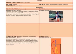 SESIÓN 6
OBJETIVOS DIDÁCTICOS: Ataque y mini partido.
RECURSOS: gimnasio. MATERIAL: antifaces, pelotas adaptadas, cartulinas y adhesivos.
METODOLOGÍA: mando directo.
ACTIVIDADES
NOMBRE DEL JUEGO: (Calentamiento.) TIEMPO: 6 minutos.
DESCRIPCIÓN DEL JUEGO:
Trote suave por el campo y a la voz del profesor se ha de realizar el gesto
correspondiente realizado en Goalball.
Por ejemplo, “lanzamiento” y los alumnos han de realizar el gesto, bajar el
centro de gravedad y tocar con el brazo ejecutor el suelo.
DESCRIPCIÓN GRÁFICA:
NOMBRE DEL JUEGO: Rueda de lanzamientos. (Calentamiento.) TIEMPO: 7 minutos.
DESCRIPCIÓN DEL JUEGO:
Colocados por grupos de 6, tres alumnos de cada grupo se van a un
extremo de la pista y los otros tres al otro. El objetivo es lanzar el balón
sin antifaz al compañero con la técnica correcta y correr hacia el extremo
contrario y así sucesivamente para entrar en calor y recordar el gesto
técnico de lanzar.
DESCRIPCIÓN GRÁFICA:
 