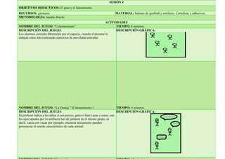 SESIÓN 4
OBJETIVOS DIDÁCTICOS: El pase y el lanzamiento.
RECURSOS: gimnasio MATERIAL: balones de goalball y antifaces. Cartulinas y adhesivos.
METODOLOGÍA: mando directo
ACTIVIDADES
NOMBRE DEL JUEGO: “Calentamiento” TIEMPO: 6 minutos.
DESCRIPCIÓN DEL JUEGO:
Los alumnos correrán libremente por el espacio, cuando el docente lo
indique estos irán realizando ejercicios de movilidad articular.
DESCRIPCIÓN GRÁFICA:
NOMBRE DEL JUEGO: “La Granja.” (Calentamiento.) TIEMPO: 6 minutos.
DESCRIPCIÓN DEL JUEGO:
El profesor indica a los niños si son perros, gatos o bien vacas y estos, con
los ojos tapados por lo antifaces han de juntarse en el mismo grupo, es
decir, vacas con vacas por ejemplo, mientras únicamente pueden
pronunciar el sonido característico de cada animal.
DESCRIPCIÓN GRÁFICA:
 