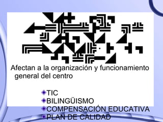 LOS QUE ORIGINAN UN MODELO O TIPOLOGÍA DE CENTRO Afectan a la organización y funcionamiento general del centro TIC BILINGÜISMO COMPENSACIÓN EDUCATIVA PLAN DE CALIDAD 