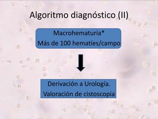 Algoritmo diagnóstico (II) 
Macrohematuria* 
Más de 100 hematíes/campo 
Derivación a Urología. 
Valoración de cistoscopia 
 