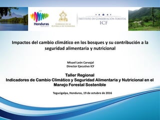 Misael León Carvajal
Director Ejecutivo ICF
Taller Regional
Indicadores de Cambio Climático y Seguridad Alimentaria y Nutricional en el
Manejo Forestal Sostenible
Impactos del cambio climático en los bosques y su contribución a la
seguridad alimentaria y nutricional
Tegucigalpa, Honduras, 19 de octubre de 2016
 
