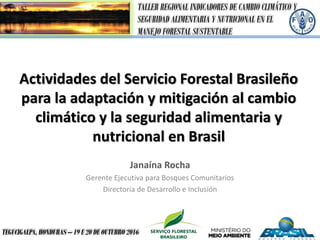 TALLER REGIONAL INDICADORES DE CAMBIO CLIMÁTICO Y
SEGURIDAD ALIMENTARIA Y NUTRICIONAL EN EL
MANEJO FORESTAL SUSTENTABLE
TEGUCIGALPA, HONDURAS – 19 E 20 DE OUTUBRO 2016
Actividades del Servicio Forestal Brasileño
para la adaptación y mitigación al cambio
climático y la seguridad alimentaria y
nutricional en Brasil
Janaína Rocha
Gerente Ejecutiva para Bosques Comunitarios
Directoria de Desarrollo e Inclusión
 