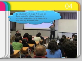 04
La educación a lo largo de la vida se
basa en cuatro pilares: Aprender a
conocer, aprender a hacer, aprender a
vivir juntos y aprender a ser.
 