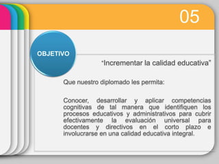 05
OBJETIVO
                  “Incrementar la calidad educativa”

      Que nuestro diplomado les permita:

      Conocer, desarrollar y aplicar competencias
      cognitivas de tal manera que identifiquen los
      procesos educativos y administrativos para cubrir
      efectivamente la evaluación universal para
      docentes y directivos en el corto plazo e
      involucrarse en una calidad educativa integral.
 