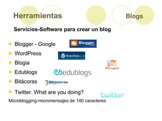 Herramientas  Blogs   <ul><li>Blogger - Google </li></ul><ul><li>WordPress </li></ul><ul><li>Blogia  </li></ul><ul><li>Edu...