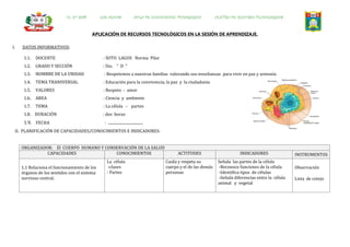 I.E. Nº 2024 -      LOS OLIVOS               -      AULA DE INNOVACIÓN PEDAGÓGICA     -     CENTRO DE RECURSO TECNOLÓGICOS



                                            APLICACIÓN DE RECURSOS TECNOLÓGICOS EN LA SESIÓN DE APRENDIZAJE.

I.   DATOS INFORMATIVOS:

      1.1.   DOCENTE                            : SOTO LAGOS Norma Pilar
      1.2.   GRADO Y SECCIÓN                    : 5to. “ D ”
      1.3.   NOMBRE DE LA UNIDAD                : Respetemos a nuestras familias valorando sus enseñanzas para vivir en paz y armonía
      1.4.   TEMA TRANSVERSAL                   : Educación para la convivencia, la paz y la ciudadanía
      1.5.   VALORES                            : Respeto - amor
      1.6.   AREA                               : Ciencia y ambiente
      1.7.   TEMA                               : La célula - partes
      1.8. DURACIÓN                             : dos horas
      1.9. FECHA                                 : .....................................
 II. PLANIFICACIÓN DE CAPACIDADES/CONOCIMIENTOS E INDICADORES:


     ORGANIZADOR: El CUERPO HUMANO Y CONSERVACIÓN DE LA SALUD
               CAPACIDADES               CONOCIMIENTOS                                            ACTITUDES                        INDICADORES                INSTRUMENTOS
                                                   La célula                                Cuida y respeta su          Señala las partes de la célula
     1.1 Relaciona el funcionamiento de los         -clases                                 cuerpo y el de las demás    -Reconoce funciones de la célula      Observación
     órganos de los sentidos con el sistema        - Partes                                 personas                    -Identifica tipos de células
     nervioso central.                                                                                                  -Señala diferencias entre la célula   Lista de cotejo
                                                                                                                        animal y vegetal
 