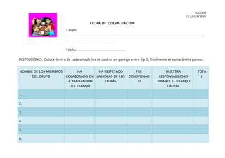 ANEXO
EVALUACIÓN
FICHA DE COEVALUACIÓN
Grupo:
…………………………………………………………………………………………………………………
…………………………………………
Fecha: ………………………………………
INSTRUCIONES: Coloca dentro de cada uno de los recuadros un puntaje entre 0 y 5, finalmente se sumarán los puntos.
NOMBRE DE LOS MIEMBROS
DEL GRUPO
HA
COLABORADO EN
LA REALIZACIÓN
DEL TRABAJO
HA RESPETADO
LAS IDEAS DE LOS
DEMÁS
FUE
DISICIPLINAD
O
MUESTRA
RESPONSABILIDAD
DIRANTE EL TRABAJO
GRUPAL
TOTA
L
1.
2.
3.
4.
5.
6.
 