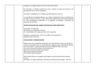 Comparan su dibujo inicial con el de la ficha informativa
Se presentan un dibujo grande de la hoja (mudo) se pega en la pizarra, con
participación de los niños completan
Así mismo completarán en su dibujo que inicialmente lo hicieron
Los estudiantes en papelote dibujan una planta, resaltando la hoja, con líneas para
escribir sus partes de esta y lo que obtiene del ambiente (proceso de fotosíntesis),
los niños participarán explicando en su papelote, así también mencionan las
funciones de las hojas.
ESTRUCTURACIÓN DEL SABER CONSTRUIDO COMO RESPUESTA
Contrastan sus hipótesis
Reformulas sus respuestas iníciales
Un representante de equipo presenta sus respuestas
Realizan un experimento sobre la clorofila en la hoja (Anexo )
Registran todo el proceso
EVALUACIÓN Y COMUNICACIÓN
Reflexionan con las siguientes preguntas: ¿por qué debemos valorar las plantas en
nuestra comunidad?; ¿qué usos le puedes dar a algunas hojas, obtenidos de plantas
en tu vida diaria?; ¿crees que mejoran nuestra calidad de vida?, ¿por qué?
¿Por qué se dice que las plantas son productoras?
¿Qué otras funciones cumplen las plantas?
Menciona las partes de la planta
¿Por donde respira la planta?
Intercambian ideas en el equipo y que luego las expresen para toda el aula por
turnos.
Se evalúan en grupo utilizando una ficha de coevaluación del equipo. (Anexo )
 