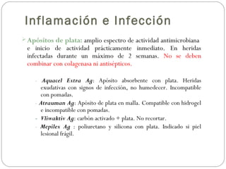 Inflamación e Infección
Apósitos de plata: amplio espectro de actividad antimicrobiana
e inicio de actividad prácticamente inmediato. En heridas
infectadas durante un máximo de 2 semanas. No se deben
combinar con colagenasa ni antisépticos.
- Aquacel Extra Ag: Apósito absorbente con plata. Heridas
exudativas con signos de infección, no humedecer. Incompatible
con pomadas.
- Atrauman Ag: Apósito de plata en malla. Compatible con hidrogel
e incompatible con pomadas.
- Vliwaktiv Ag: carbón activado + plata. No recortar.
- Mepilex Ag : poliuretano y silicona con plata. Indicado si piel
lesional frágil.
 