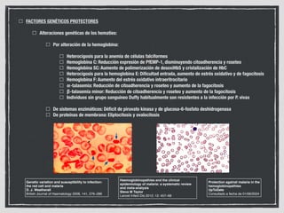 HEMOGRAMA:
Trombopenia: dato más característico
Anemia normocítica normocrómica arregenerativa
Leucocitos: normales o bajos. Leucocitosis = malaria complicada
BIOQUÍMICA:
Aumento de LDH y bilirrubina indirecta
Hipocolesterolemia: muy sensible en la malaria aguda
Elevación de VSG y PCR. Puede elevar procalcitonina
PROTEINOGRAMA:
Hipoalbuminemia
Hipergammaglobulinemia policlonal
SISTEMÁTICO DE ORINA: puede aparecer proteinuria
 