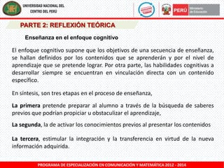 PARTE 2: REFLEXIÓN TEÓRICA
Enseñanza en el enfoque cognitivo

El enfoque cognitivo supone que los objetivos de una secuencia de enseñanza,
se hallan definidos por los contenidos que se aprenderán y por el nivel de
aprendizaje que se pretende lograr. Por otra parte, las habilidades cognitivas a
desarrollar siempre se encuentran en vinculación directa con un contenido
específico.
En síntesis, son tres etapas en el proceso de enseñanza,
La primera pretende preparar al alumno a través de la búsqueda de saberes
previos que podrían propiciar u obstaculizar el aprendizaje,
La segunda, la de activar los conocimientos previos al presentar los contenidos

La tercera, estimular la integración y la transferencia en virtud de la nueva
información adquirida.
PROGRAMA DE ESPECIALIZACIÓN EN COMUNICACIÓN Y MATEMÁTICA 2012 - 2014

 