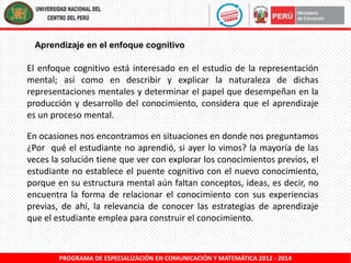 Aprendizaje en el enfoque cognitivo

El enfoque cognitivo está interesado en el estudio de la representación
mental; así como en describir y explicar la naturaleza de dichas
representaciones mentales y determinar el papel que desempeñan en la
producción y desarrollo del conocimiento, considera que el aprendizaje
es un proceso mental.

En ocasiones nos encontramos en situaciones en donde nos preguntamos
¿Por qué el estudiante no aprendió, si ayer lo vimos? la mayoría de las
veces la solución tiene que ver con explorar los conocimientos previos, el
estudiante no establece el puente cognitivo con el nuevo conocimiento,
porque en su estructura mental aún faltan conceptos, ideas, es decir, no
encuentra la forma de relacionar el conocimiento con sus experiencias
previas, de ahí, la relevancia de conocer las estrategias de aprendizaje
que el estudiante emplea para construir el conocimiento.

PROGRAMA DE ESPECIALIZACIÓN EN COMUNICACIÓN Y MATEMÁTICA 2012 - 2014

 