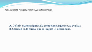 A. Definir manera rigurosa la competencia que se va a evaluar.
B. Claridad en la forma que se juzgará el desempeño.
PARA EVALUAR POR COMPETENCIAS, ES NECESARIO:
 