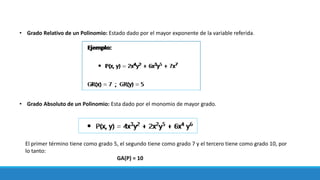 • Grado Relativo de un Polinomio: Estado dado por el mayor exponente de la variable referida.
• Grado Absoluto de un Polinomio: Esta dado por el monomio de mayor grado.
El primer término tiene como grado 5, el segundo tiene como grado 7 y el tercero tiene como grado 10, por
lo tanto:
GA(P) = 10
 